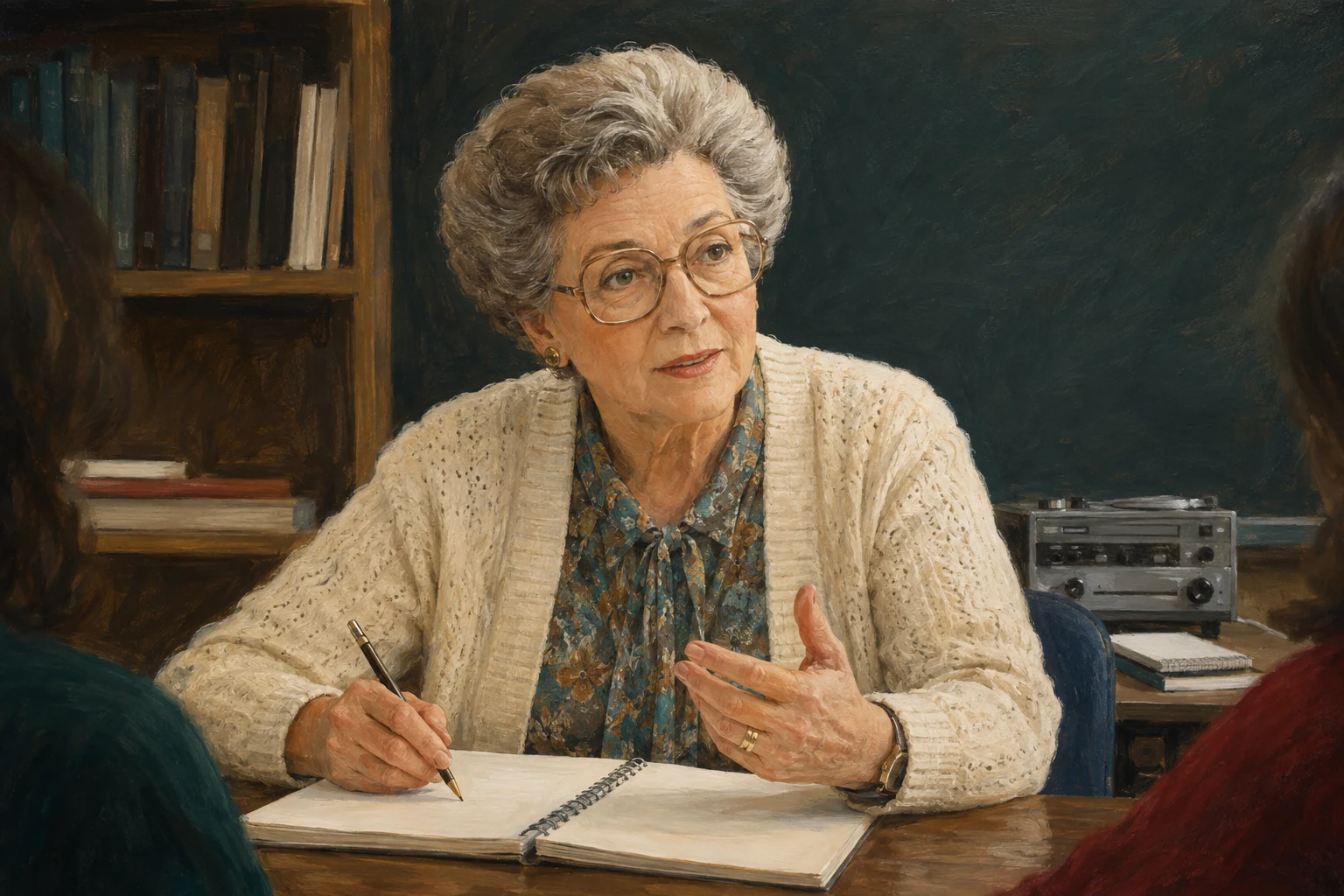 KI-generierte Illustration: Die ältere Madeleine Leininger mit großer Brille und hellem Cardigan sitzt in einem neutralen Seminarraum mit Notizbuch und Aufnahmegerät