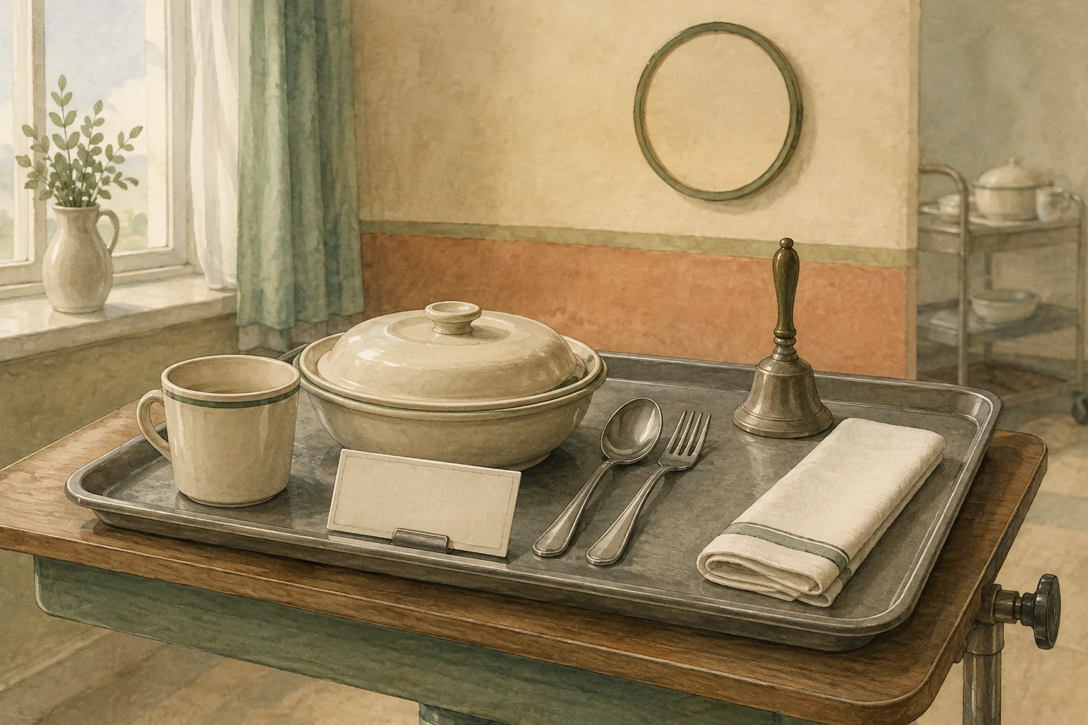 KI-generierte Illustration: Ein neutrales Krankenhaustablett mit abgedeckter Schale, Tasse, Besteck, Serviette, leerer Karte und kleiner Handglocke steht am Bett