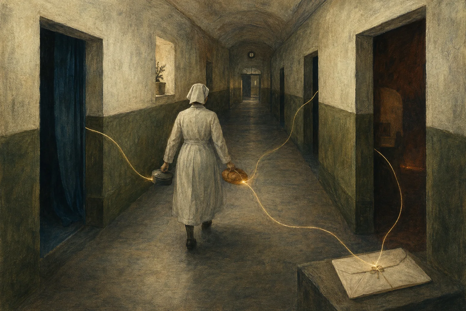 KI-generierte Illustration: Eine anonyme Pflegeperson verbindet in einem düsteren institutionellen Korridor Arzneimittel, Brot und eine versiegelte Nachricht über verdeckte Lichtspuren