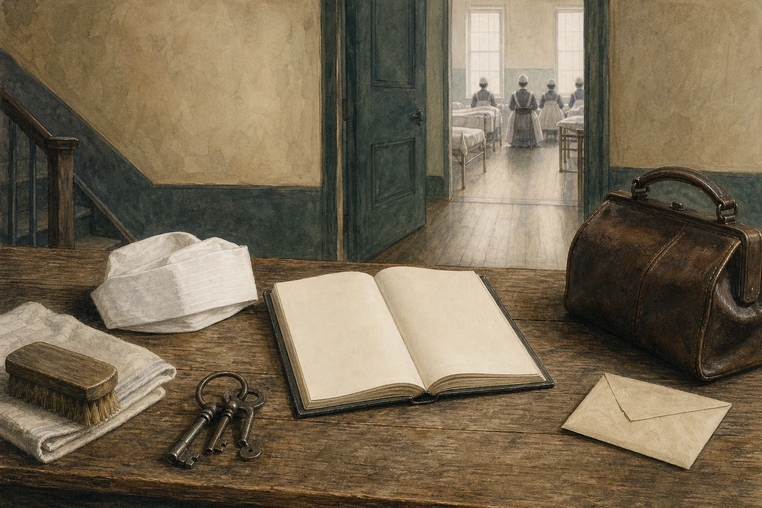 KI-generierte Illustration: Leinen, Bürste, Schlüssel, leeres Lehrbuch, Pflegetasche und Brief liegen vor einer geöffneten Tür zu einem erfundenen Schulsaal