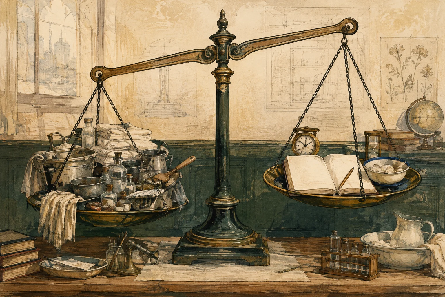 KI-generierte Illustration: Eine alte Waage hält auf einer Seite Stationsarbeit und auf der anderen Unterricht, Ruhezeit und Bücher in sichtbar ungleichem Verhältnis