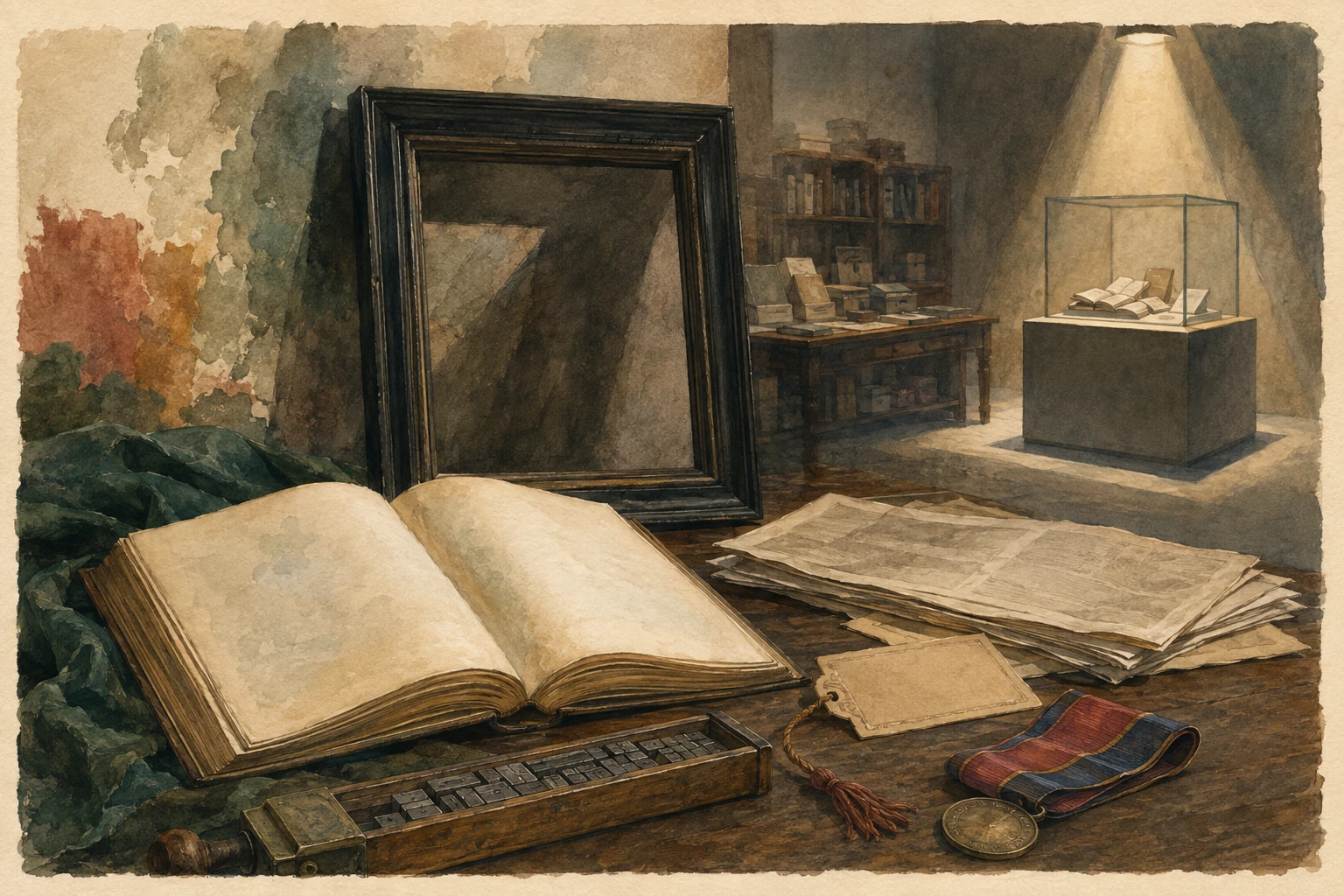 KI-generierte Illustration: Ein leeres Erinnerungsbild, ein aufgeschlagenes unbeschriftetes Buch, Drucklettern und eine spätere Museumsvitrine zeigen wechselnde historische Sichtbarkeit