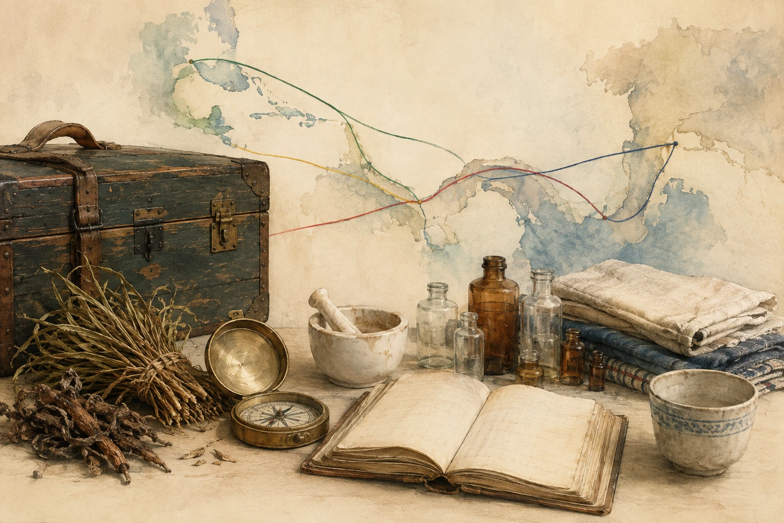 KI-generierte Illustration: Reisekiste, Kompass, Mörser, Kräuter, unbeschriftete Flaschen und ein leeres Journal liegen vor einer abstrakten Routenkarte