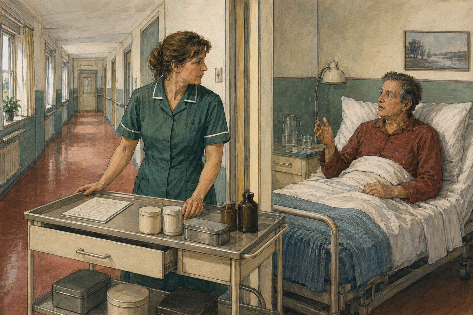 KI-generierte Illustration: Eine Pflegefachperson hält an einem historischen Medikamentenwagen an und wendet sich einem fragenden Patienten zu