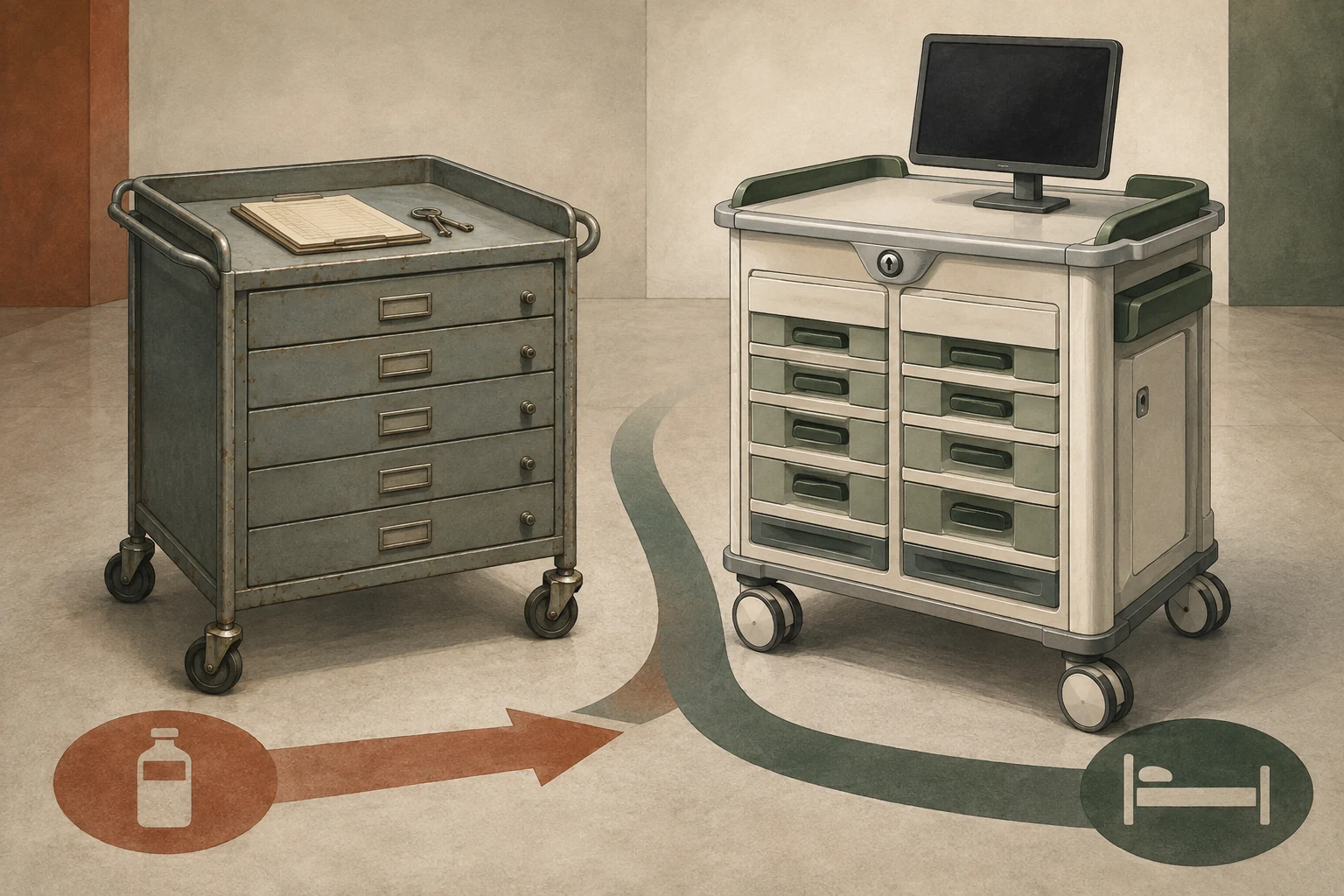 KI-generierte Illustration: Ein einfacher historischer Stahlwagen mit Papierliste und Schlüssel steht neben einem modernen verschlossenen Schubladenwagen mit dunklem Bildschirm