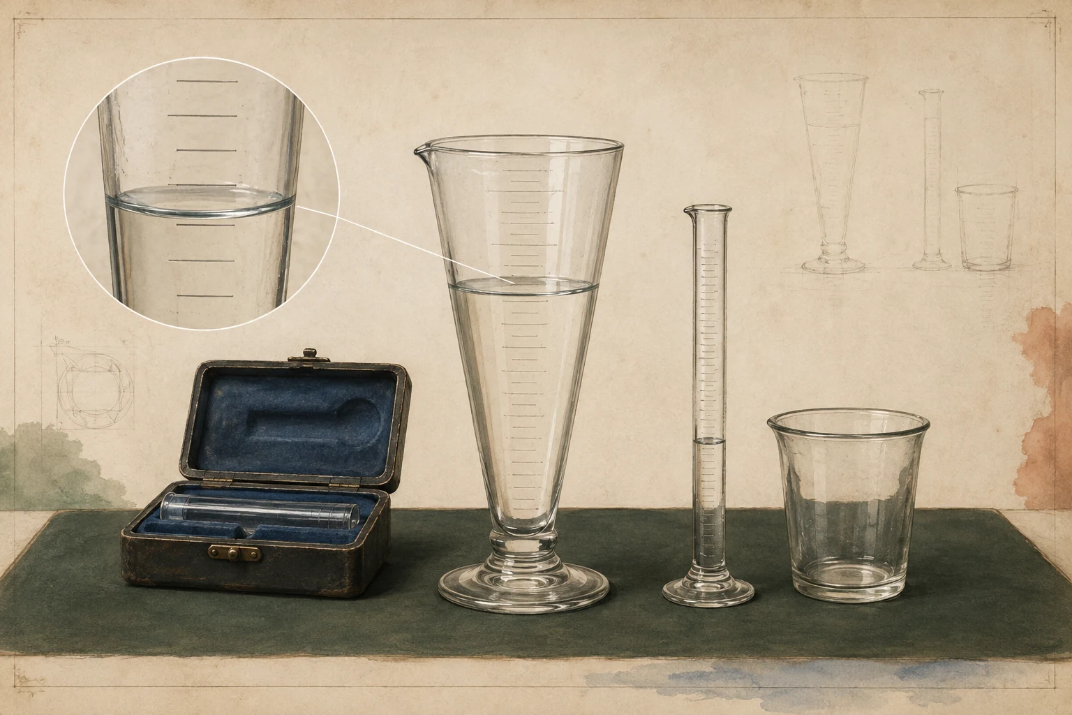 KI-generierte Illustration: Verschiedene historische Messgläser, ein offenes Etui und eine vergrößerte Ansicht einer gekrümmten Wasseroberfläche