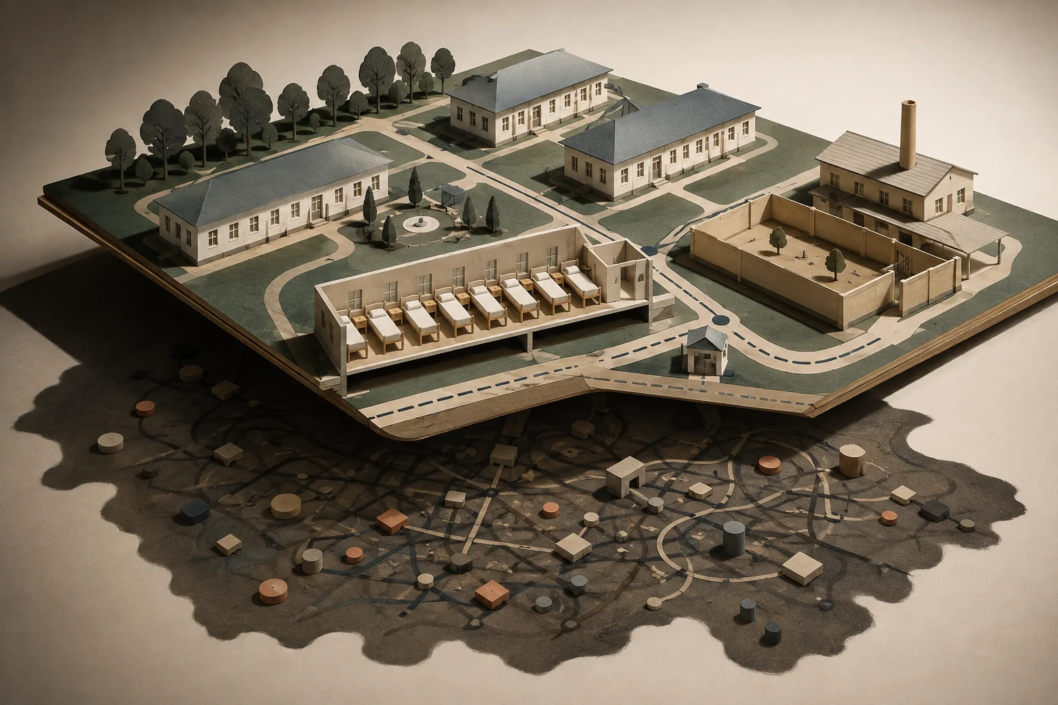 KI-generierte Illustration: Ein sauber geordnetes Miniaturkrankenhaus mit Pavillons und offener Bettenstation wirft einen unruhigen Schatten aus verwickelten Wegen und Arbeitsmarken