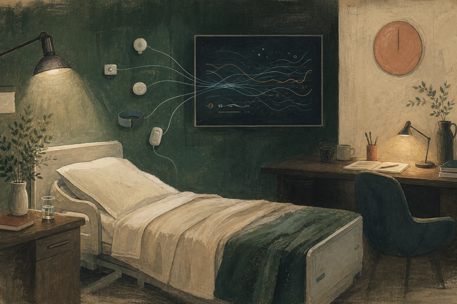 KI-generierte Illustration: Ein leeres Pflegebett ist mit abstrakten Sensorwegen, Kurven und einem Beobachtungstisch verbunden, während ein offenes Fenster den direkten Blick in den Raum symbolisiert
