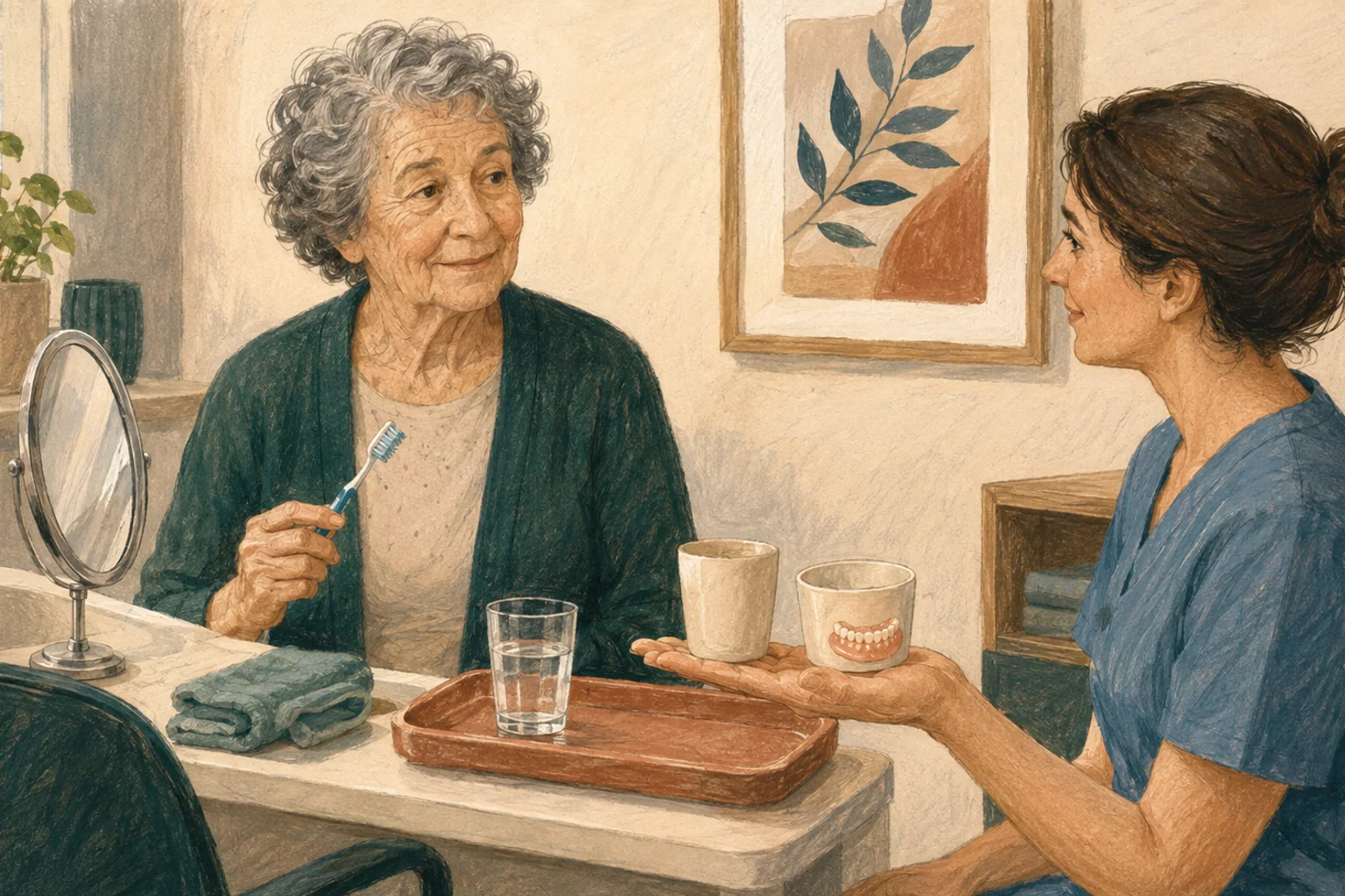 KI-generierte Illustration: Eine ältere Person hält selbst eine Zahnbürste, während eine Pflegefachperson auf Augenhöhe zwei markenlose Utensilien anbietet