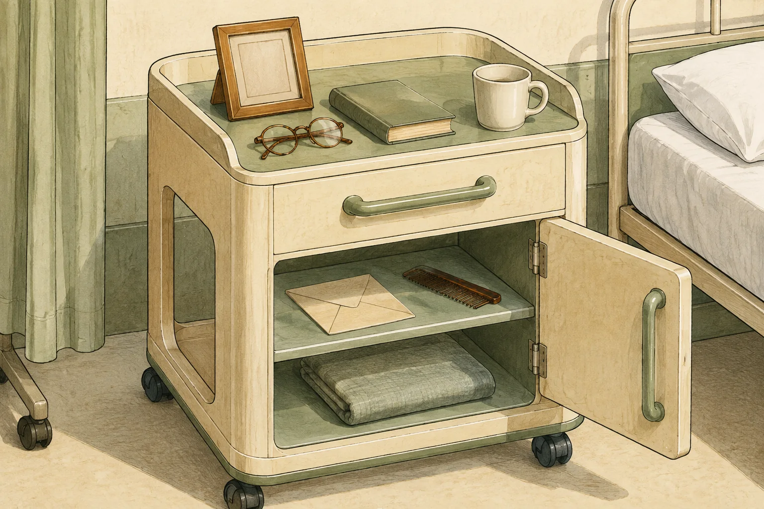 KI-generierte Illustration: Ein schlicht gerundeter Nachtschrank trägt Brille, Becher, Kamm sowie ein leeres Buch, einen leeren Bilderrahmen und einen unbeschrifteten Brief