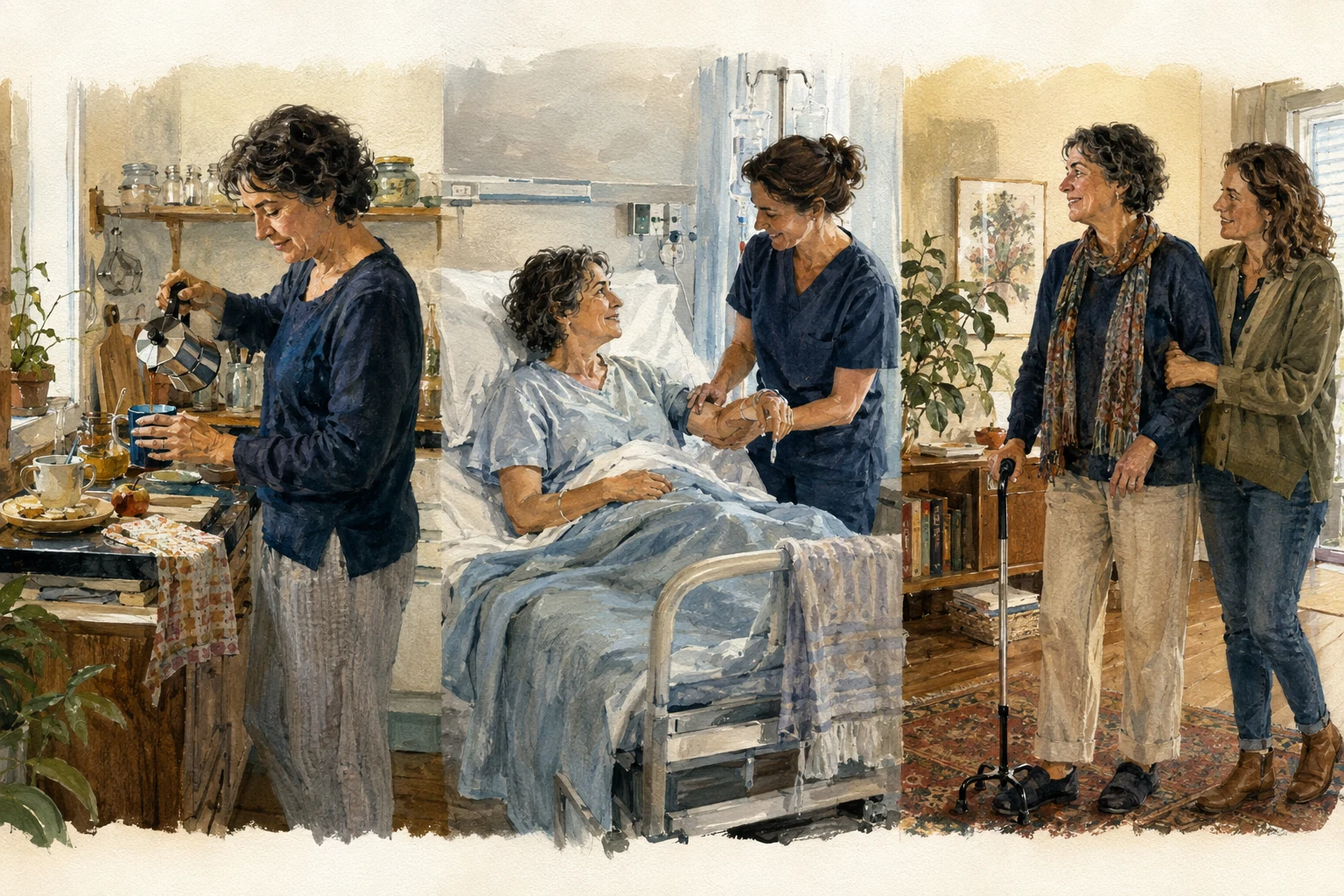 KI-generierte Illustration: Dieselbe fiktive Frau bereitet zu Hause ein Getränk zu, erhält im Krankenhaus Unterstützung und kehrt mit gewählter Hilfe in den Alltag zurück