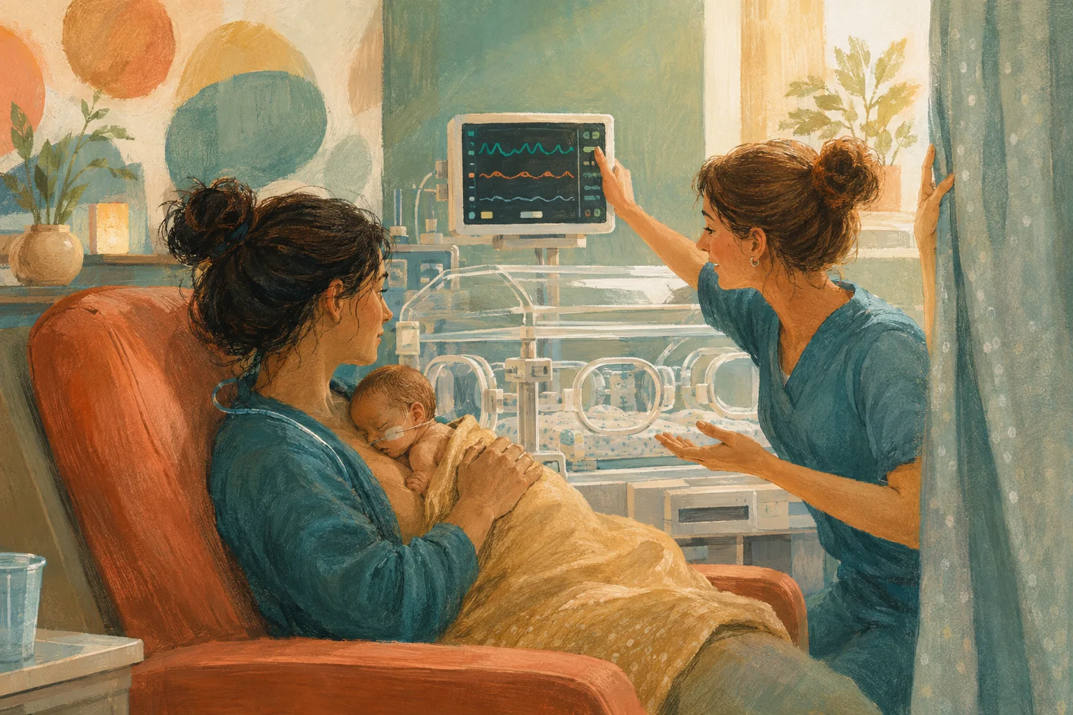 KI-generierte Illustration: Ein fiktiver Elternteil hält ein sehr kleines Neugeborenes hautnah, während eine Pflegefachperson eine abstrakte Monitoranzeige erklärt