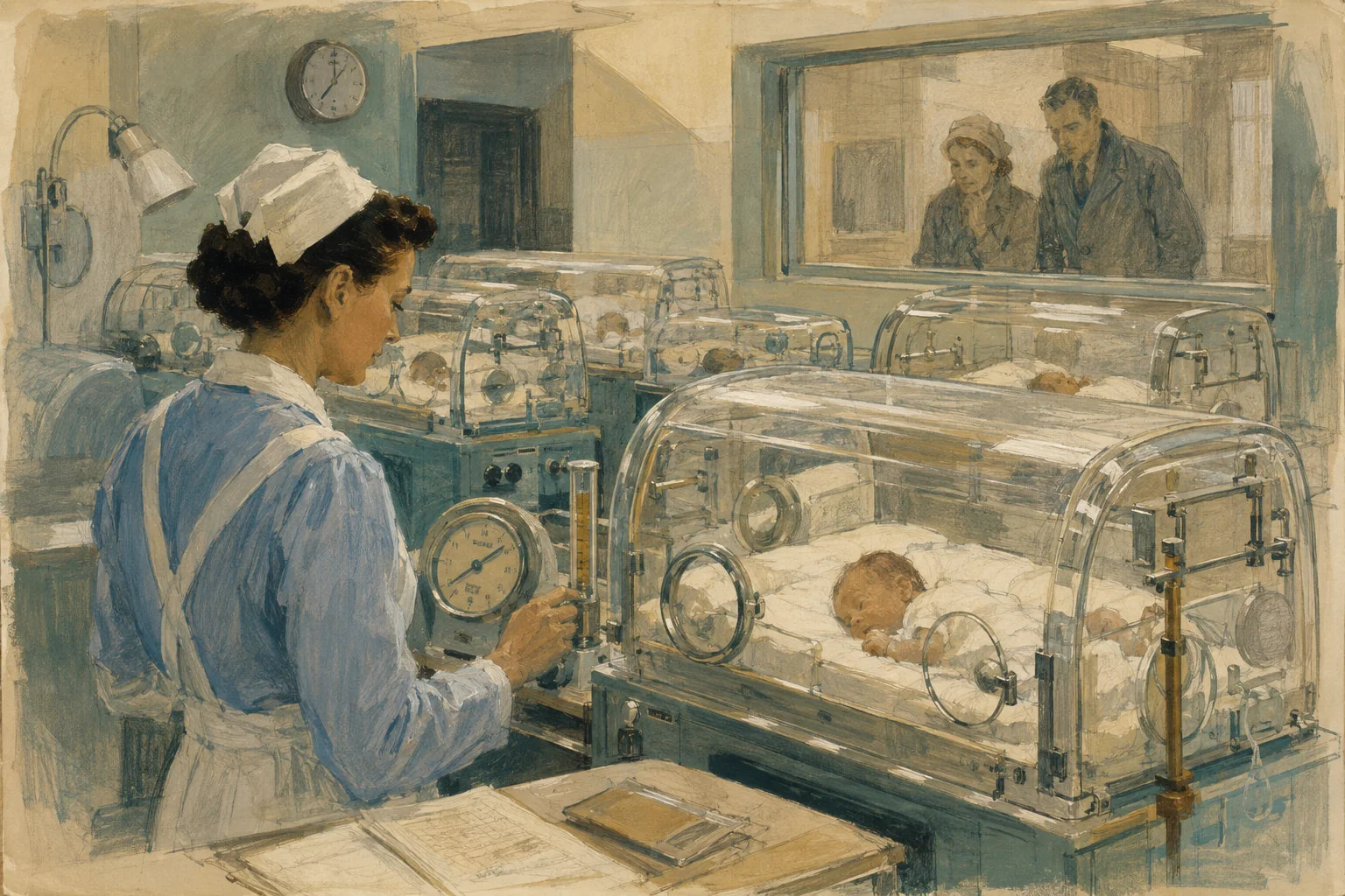 KI-generierte Illustration: Eine frei erfundene historische Inkubatorstation mit Pflegepersonal und Eltern hinter einer Glasscheibe