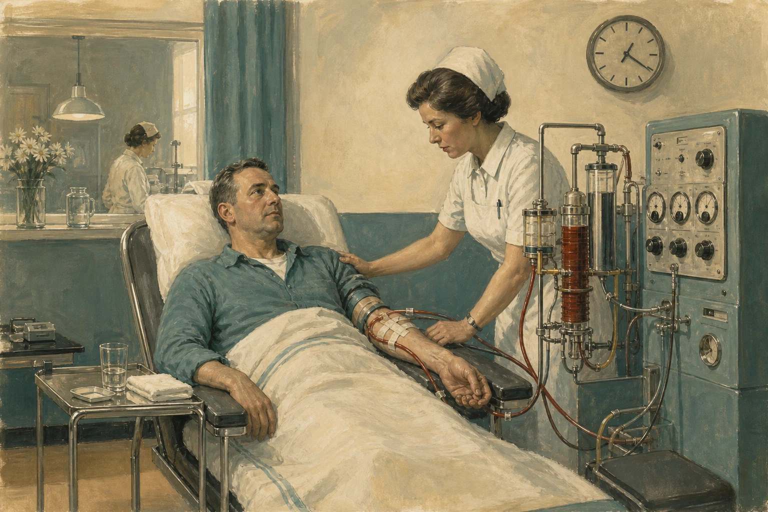 KI-generierte Illustration: Eine frei erfundene Dialysestation der späten 1960er Jahre mit Patient, Pflegefachperson, generischem Dialysegerät und sichtbarer Behandlungszeit