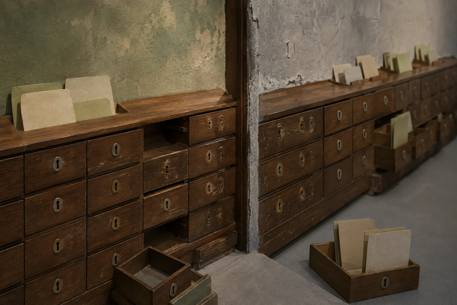 KI-generierte Illustration: Ein Aktenschrank überschreitet eine Schwelle, während leere Fächer und blanke Mappen Überlieferungslücken zeigen