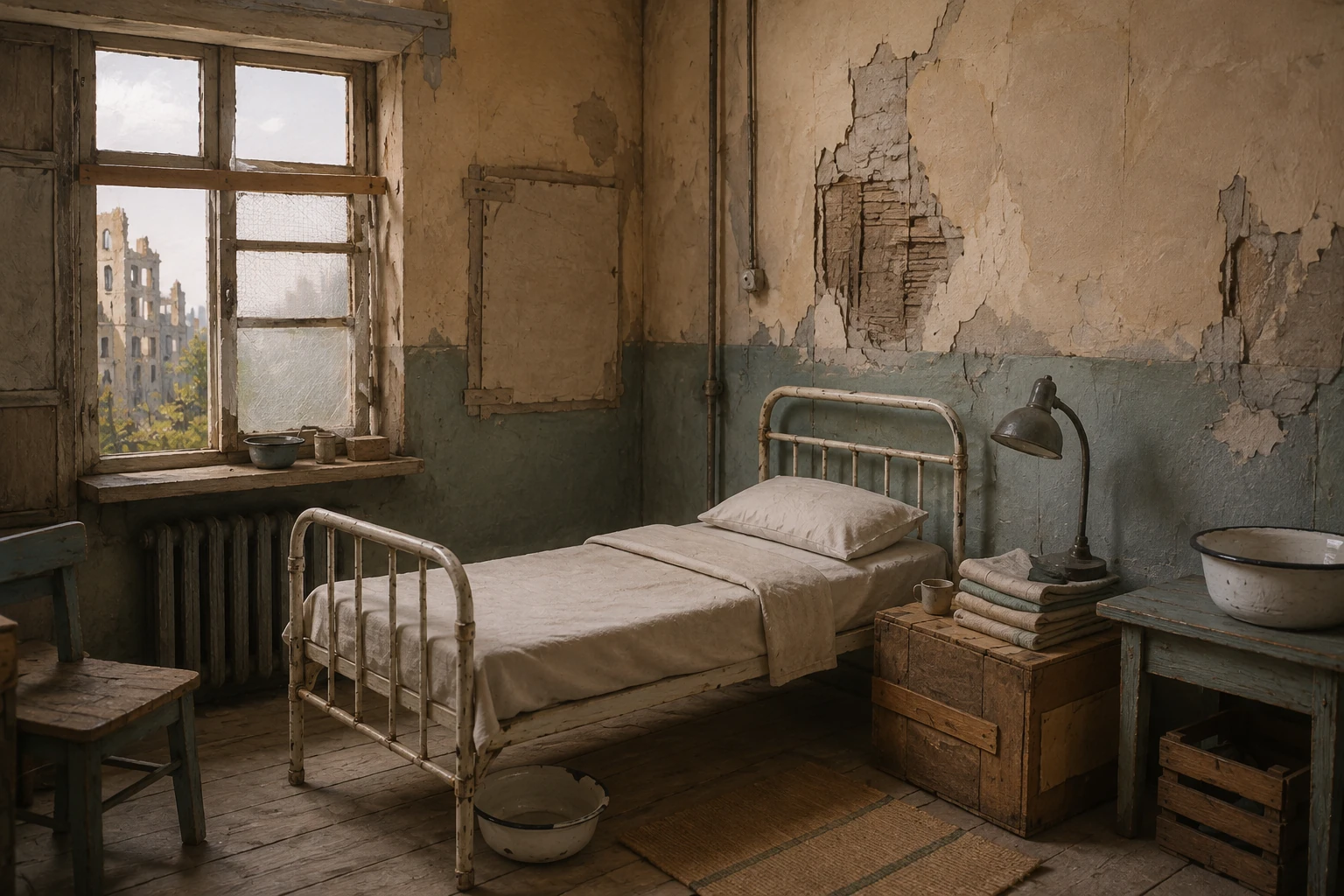 KI-generierte Illustration: Ein karger Krankenhausraum nach 1945 mit leerem Bett, repariertem Fenster und wenigen Wäschestücken