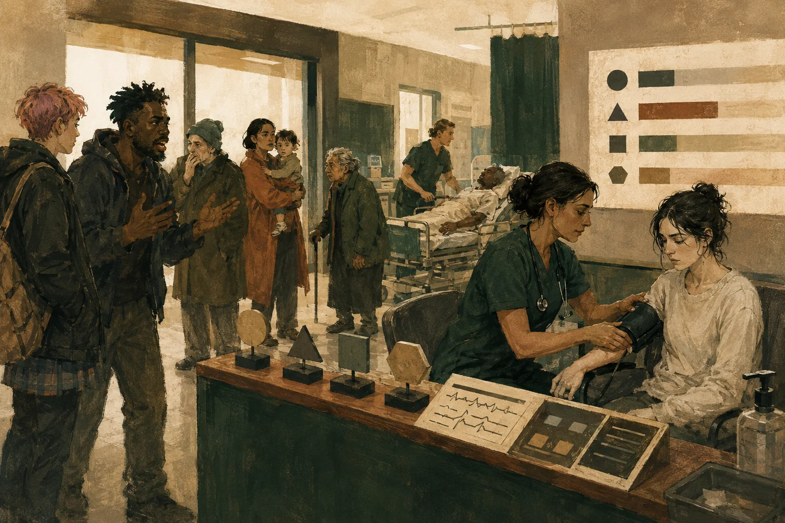 KI-generierte Illustration: Eine fiktive Notfallpflegefachperson untersucht eine stille blasse Patientin, während unterschiedlich laute Hilfesuchende warten