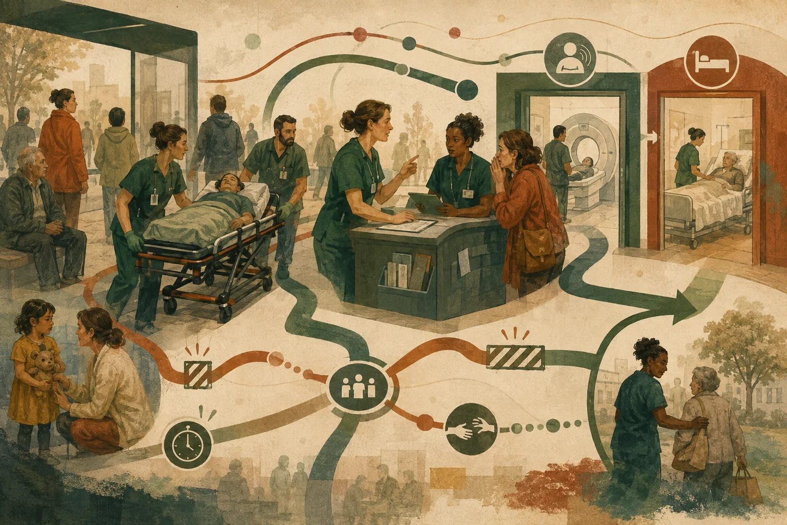 KI-generierte Illustration: Eine fiktive Notaufnahme als Versorgungsknoten mit Rettungsliege, Diagnostik, Stationsbett, Kind, älterer Person und blockierten Übergängen