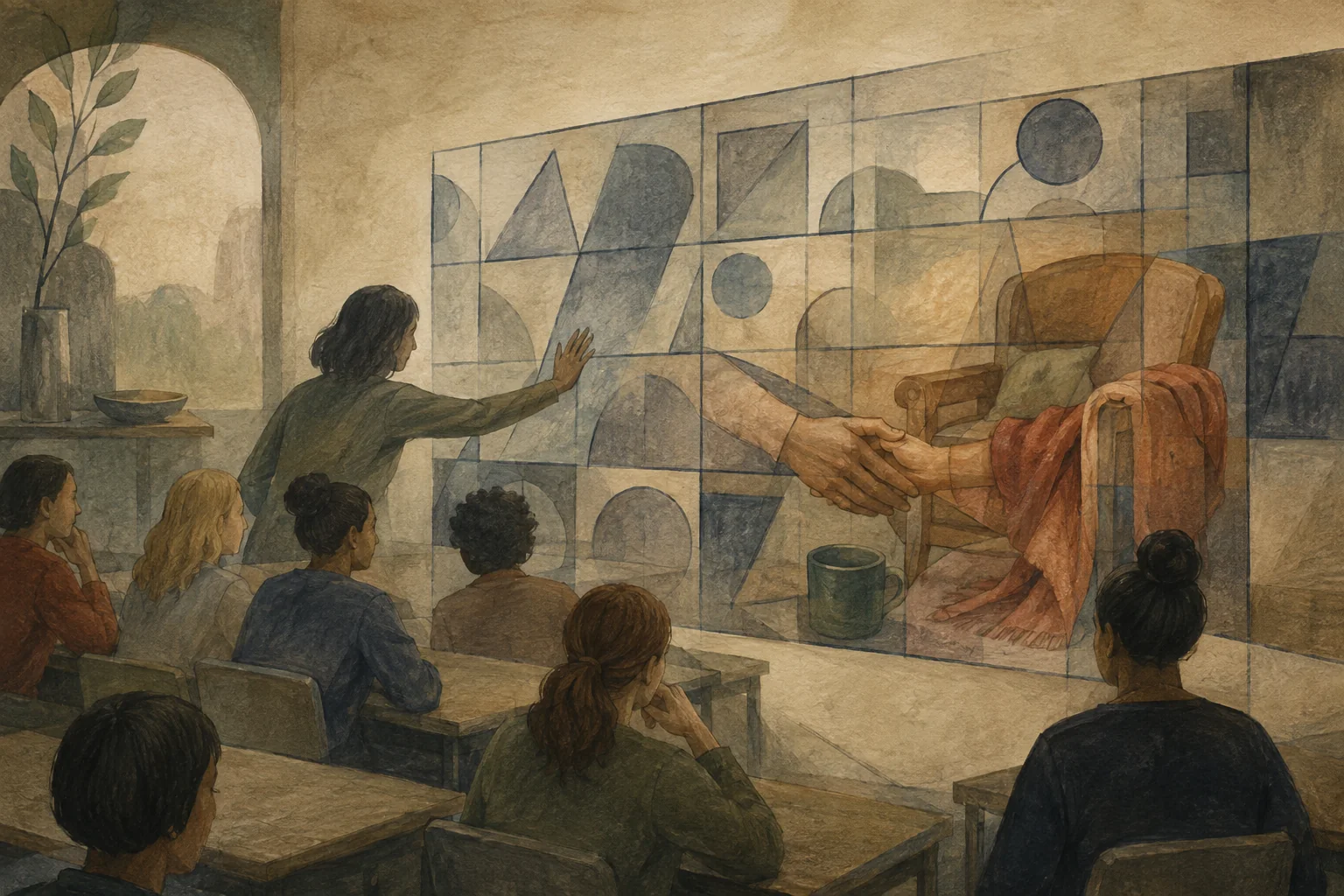 KI-generierte Illustration: In einem fiktiven Lehrraum überlagert ein starres Sortiergitter eine Pflegesituation, während eine Lernende das Gitter beiseiteschiebt