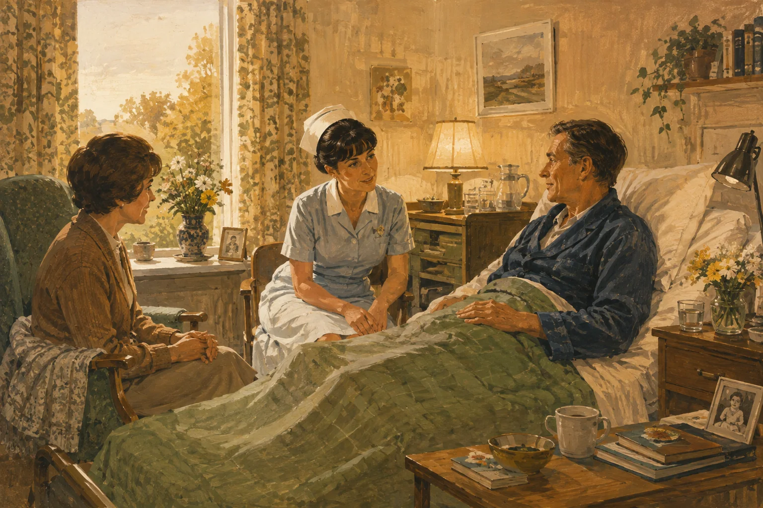 KI-generierte Illustration: In einem frei erfundenen Hospizzimmer der späten 1960er Jahre sprechen ein Patient, eine Zugehörige und eine Pflegefachperson miteinander