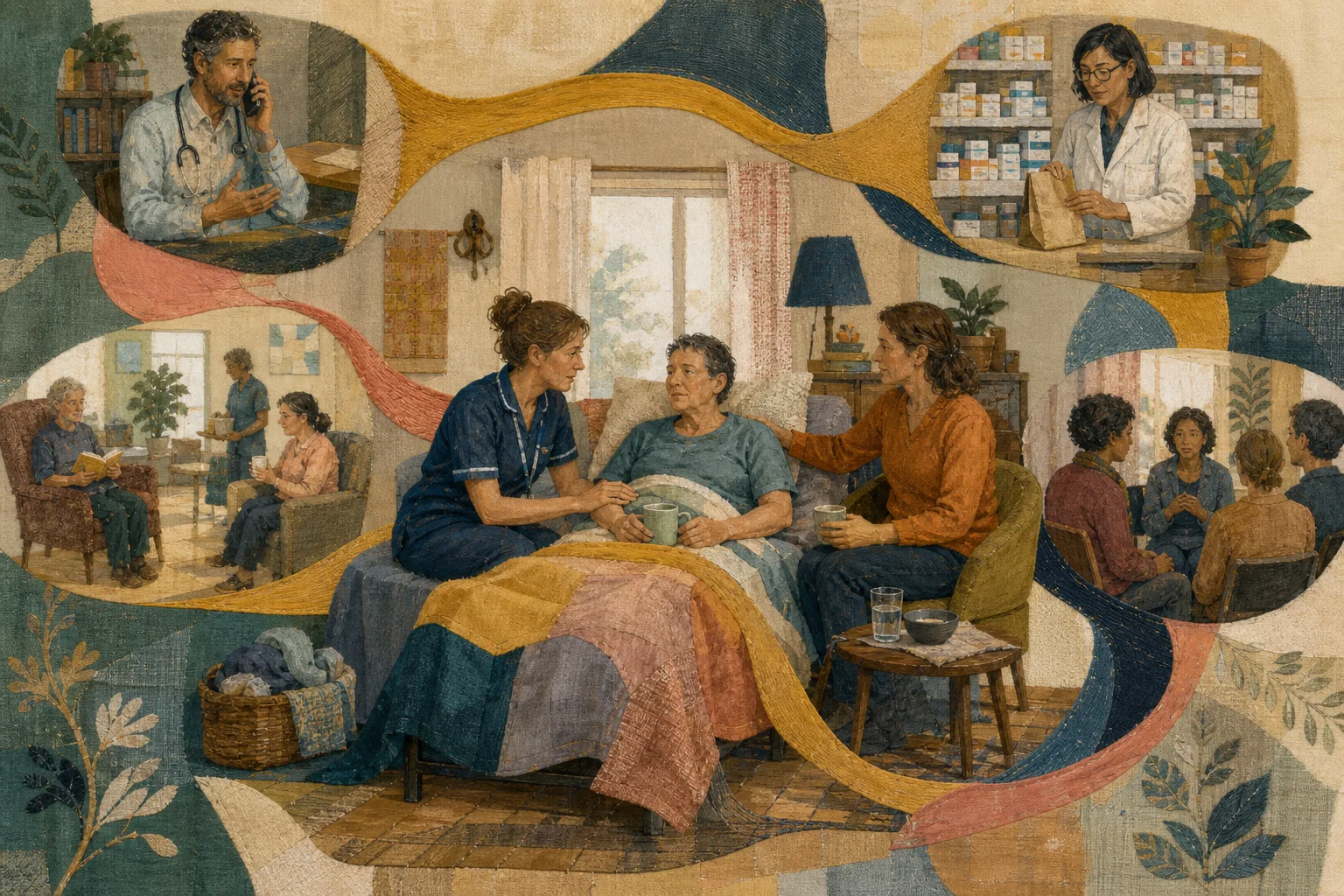 KI-generierte Illustration: Eine fiktive schwer kranke Person wird zuhause von Zugehöriger und Pflegefachperson begleitet, verbunden mit weiteren medizinischen, pharmazeutischen, hospizlichen und Trauerangeboten