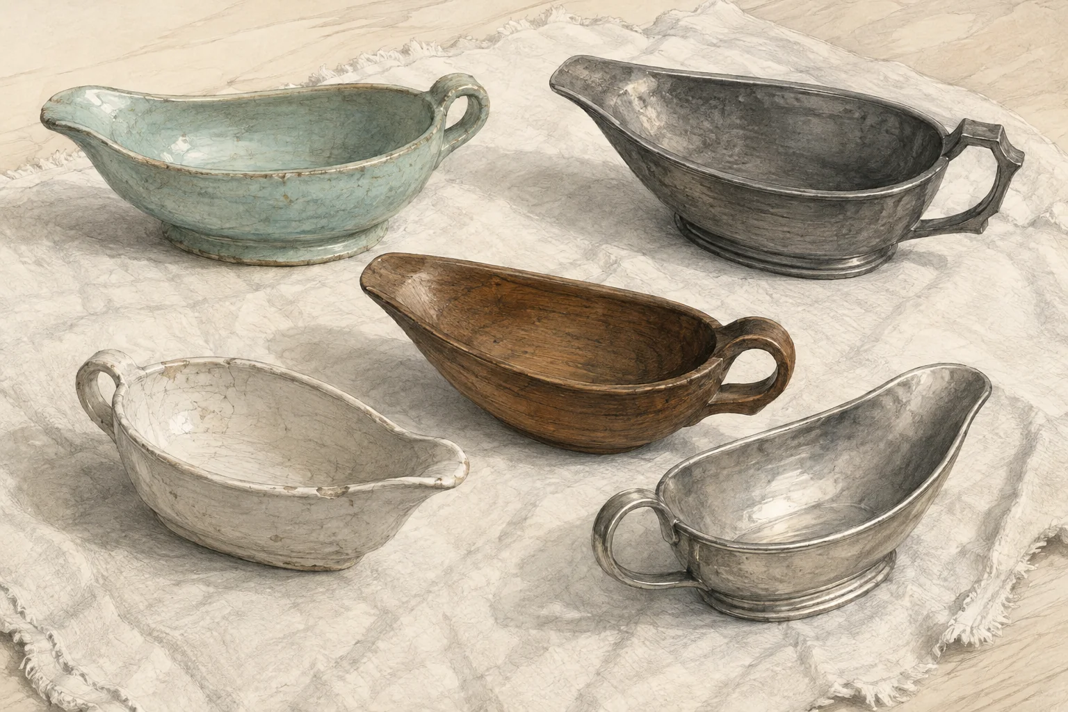 KI-generierte Illustration: Fünf unterschiedlich geformte Pap Boats aus heller Keramik, grünlicher Keramik, Holz und Metall liegen auf einem Tuch
