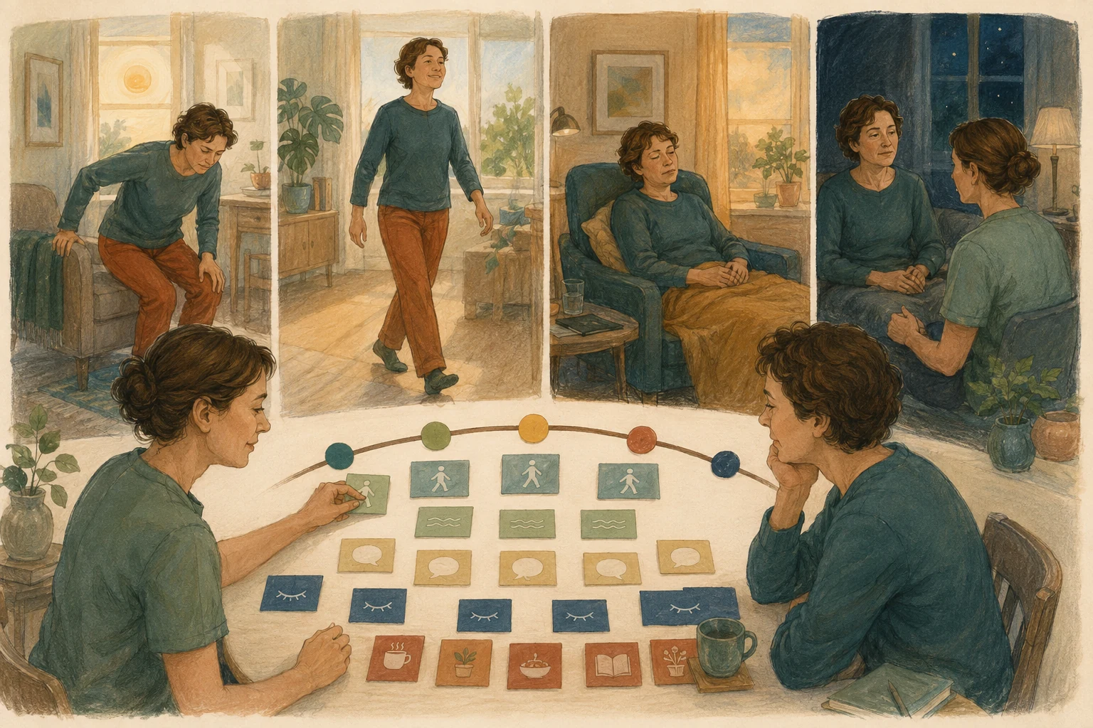 KI-generierte Illustration: Eine fiktive Person erlebt in mehreren ruhigen Tagesfenstern unterschiedliche Beweglichkeit, Energie, Sprache und Ruhe, während eine Parkinson Nurse Zusammenhänge ordnet