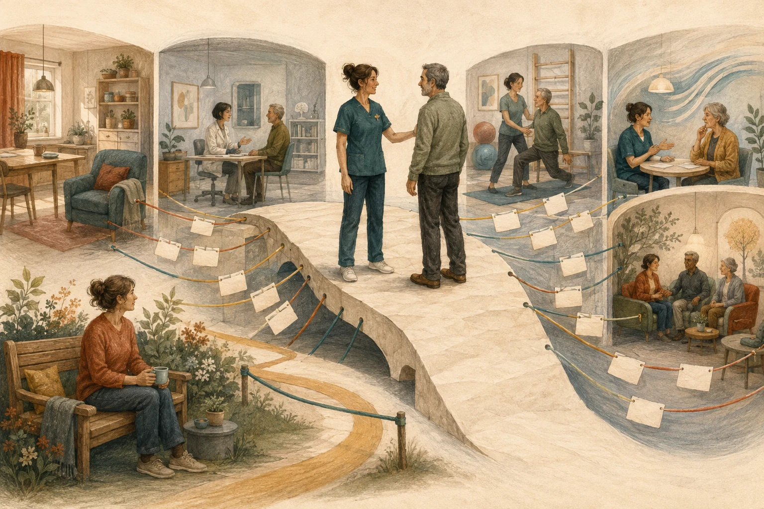 KI-generierte Illustration: Eine fiktive Parkinson Nurse verbindet Wohnung, Neurologie, Therapie und soziale Unterstützung über eine begehbare Papierbrücke mit klaren Rückwegen