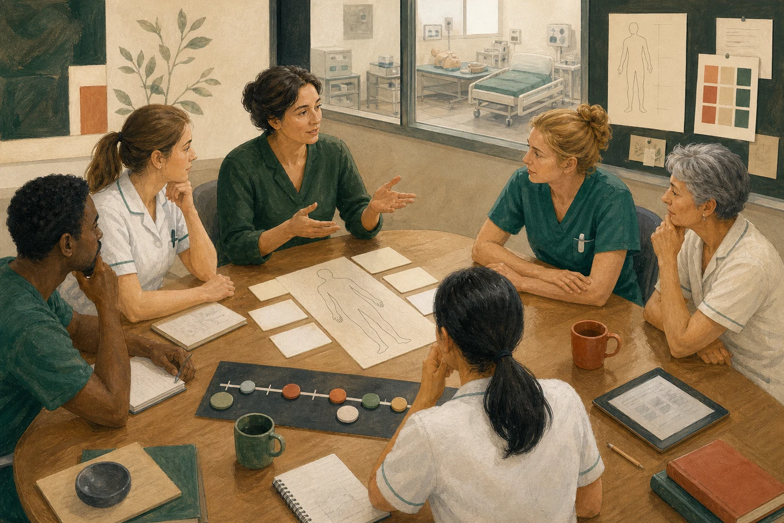 KI-generierte Illustration: Eine vielfältige fiktive Pflegegruppe reflektiert gemeinsam einen Fall mit leeren Karten, Zeitmarken und einem Körperschema