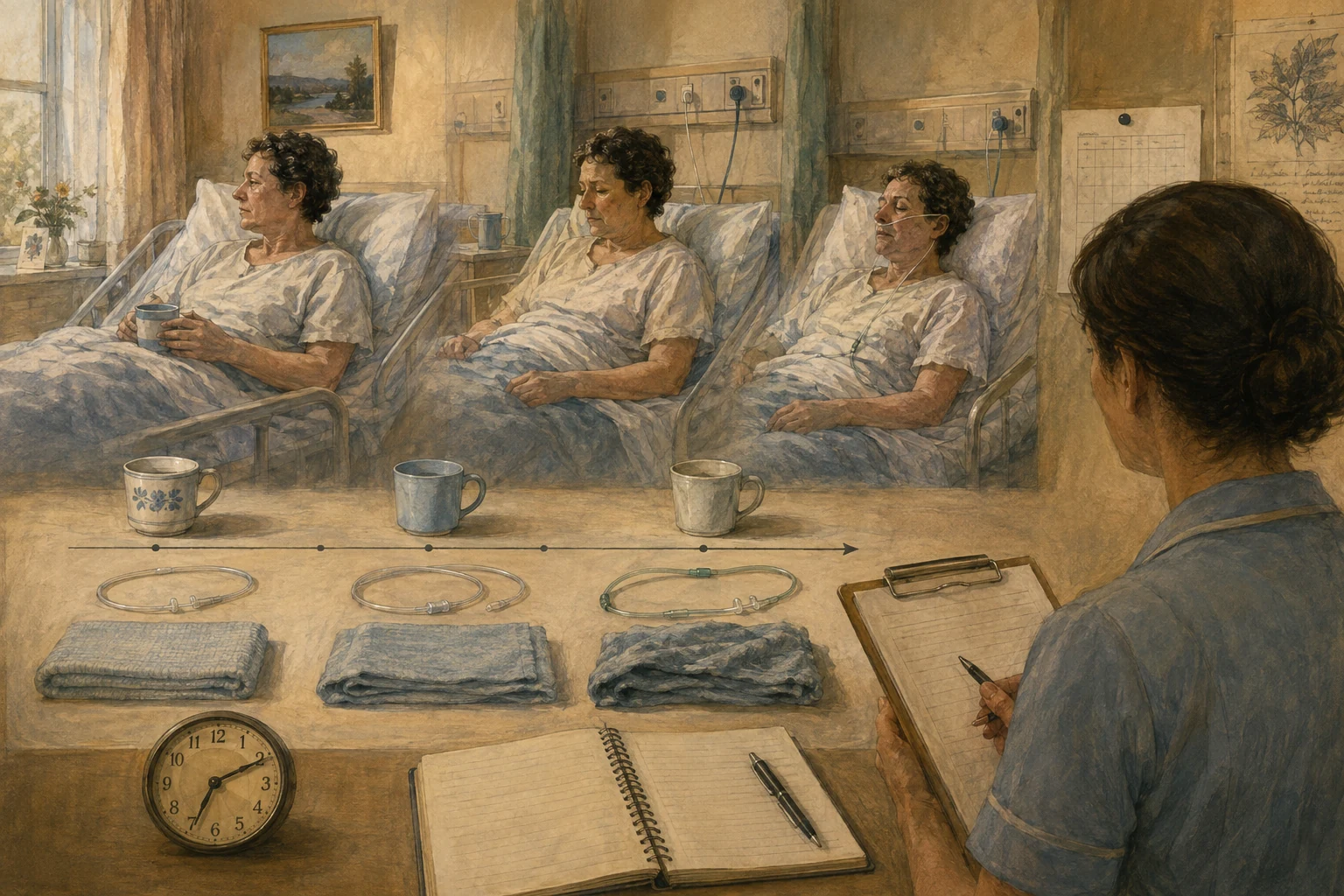 KI-generierte Illustration: Eine fiktive Patientin verändert über drei Zeitmomente Haltung, Atmung und Interaktion, während eine anonyme Pflegeperson beobachtet