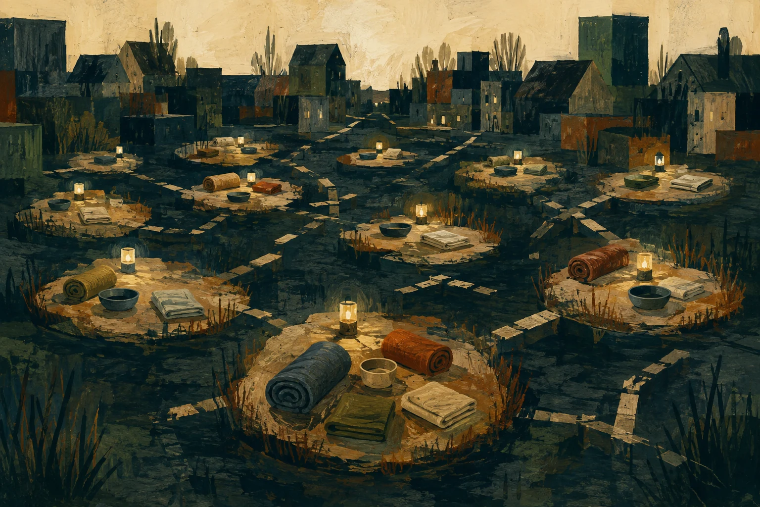 KI-generierte Illustration: Viele kleine leere Sorgeinseln aus Ruheplätzen, Wasserschalen, Tüchern und Lichtern liegen in einer dunklen, überlasteten Stadtlandschaft