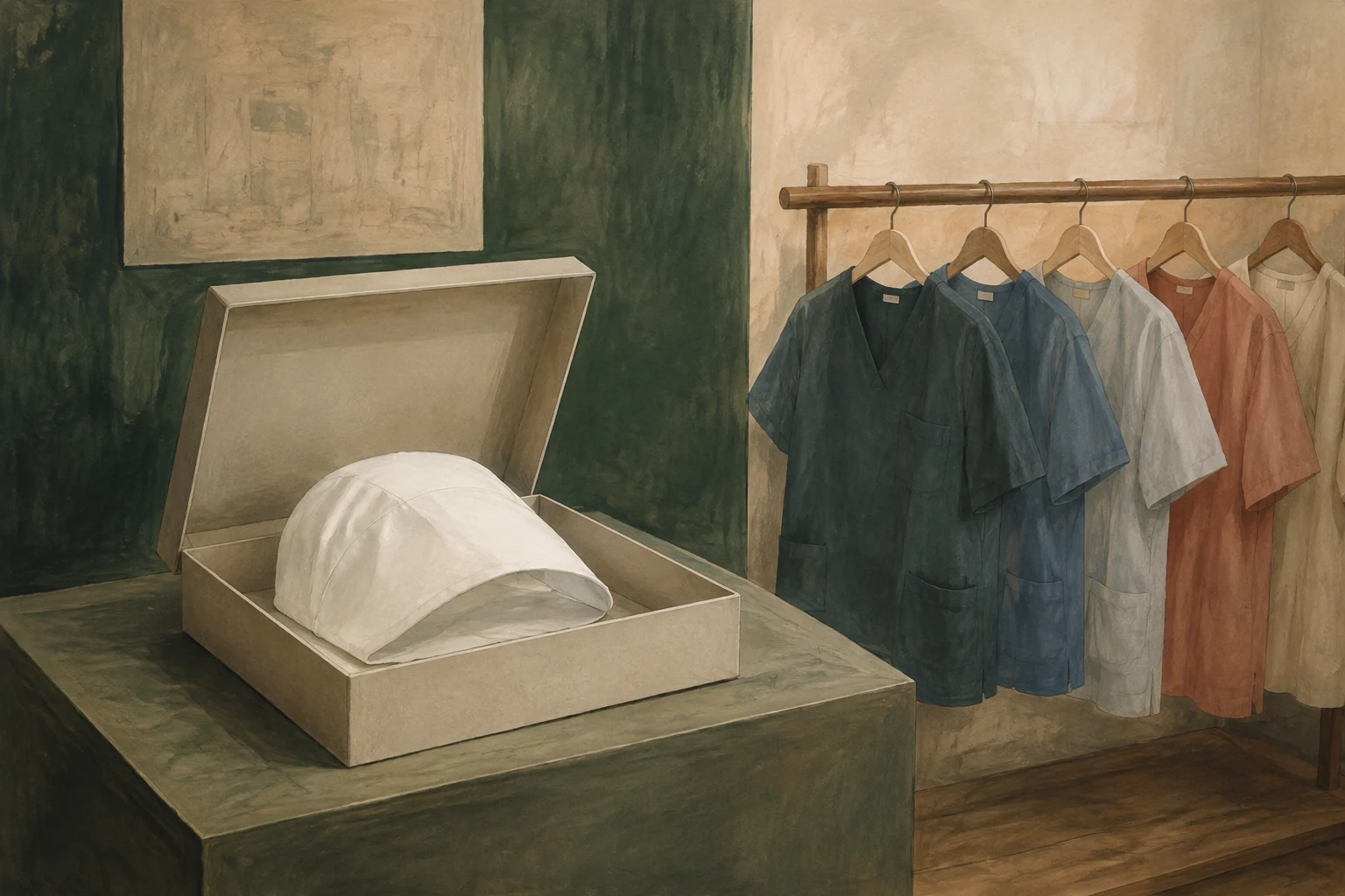 KI-generierte Illustration: Eine gefaltete Pflegehaube liegt in einer offenen Archivschachtel, daneben hängen schlichte moderne Arbeitsoberteile ohne Abzeichen