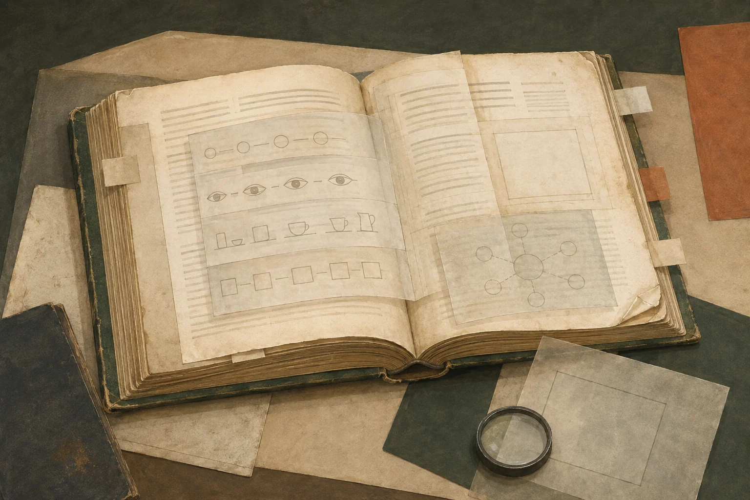 KI-generierte Illustration: Ein unbeschriftetes abgegriffenes Buch liegt offen unter transparenten Blättern mit abstrakten Reihen, Augenformen, Gefäßen und Netzpunkten