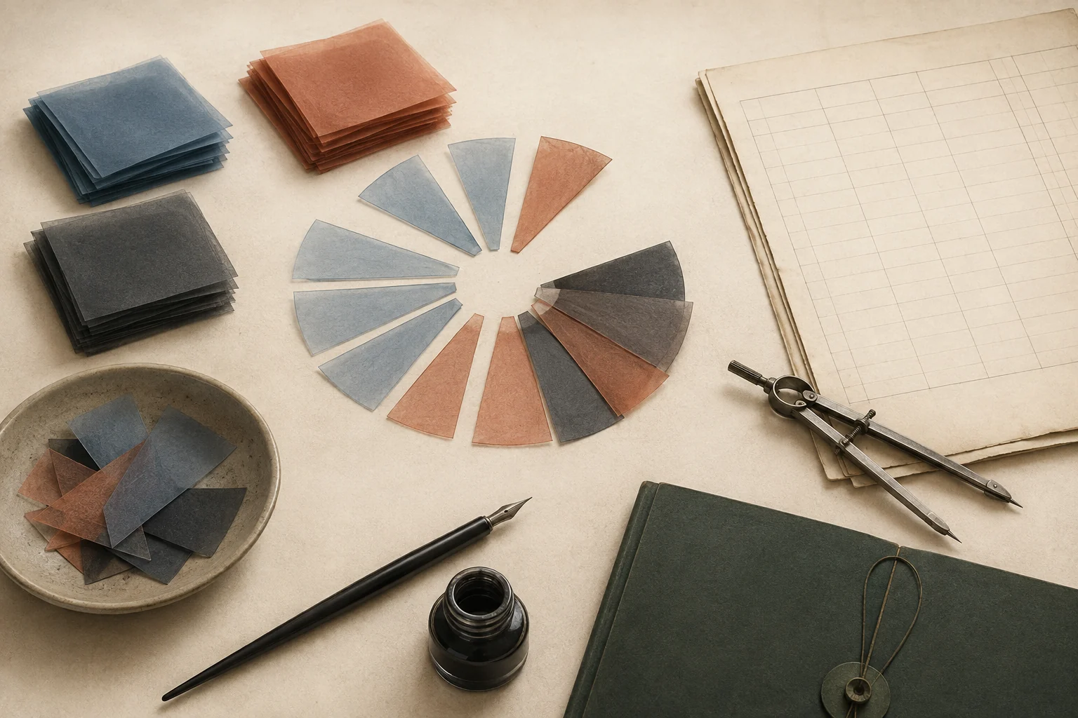 KI-generierte Illustration: Lose farbige Papiersegmente bilden eine unvollendete abstrakte Spirale neben einem leeren Raster, Zirkel, Feder und unbeschrifteter Mappe