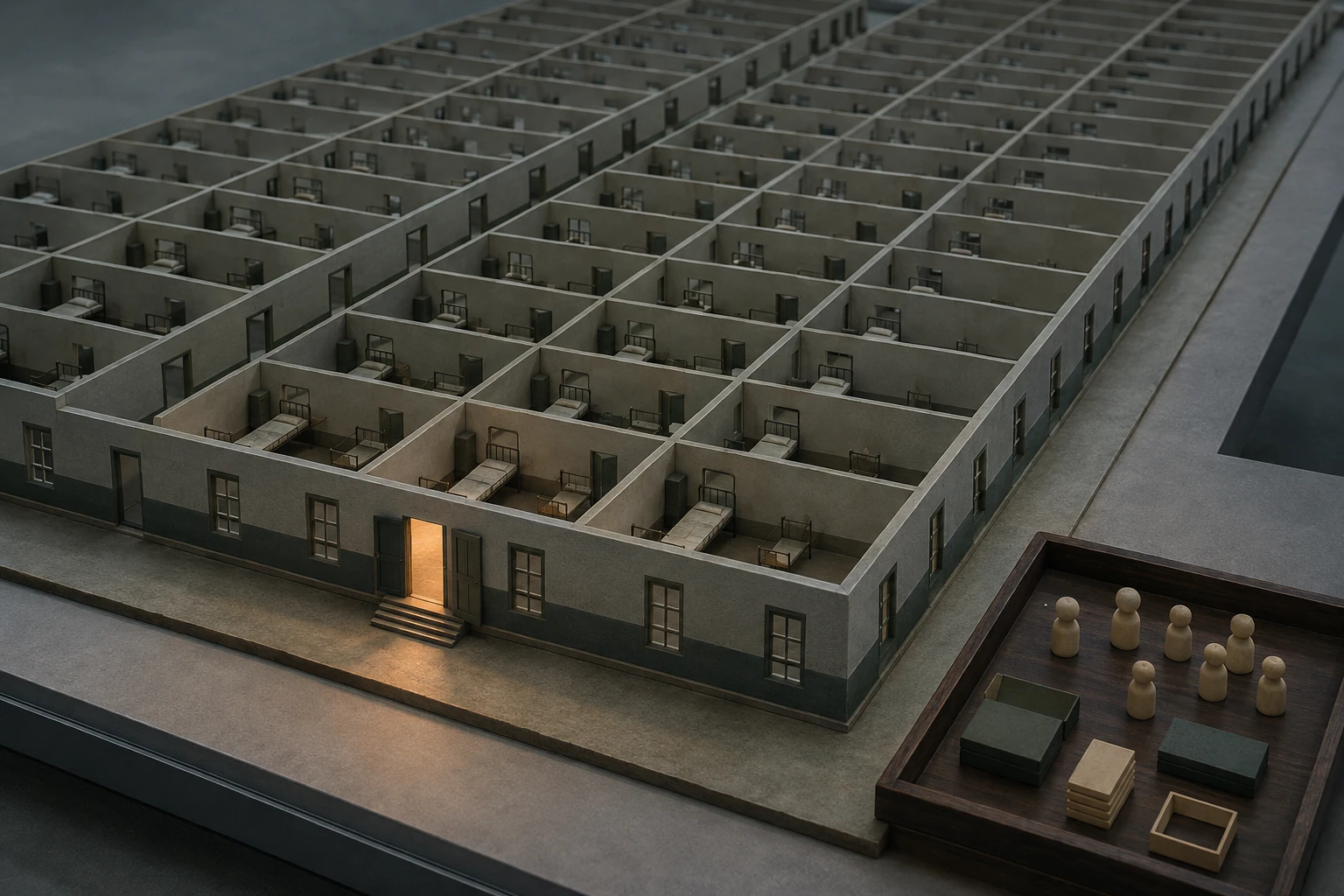 KI-generierte Illustration: Ein großer, wiederholter Institutionsblock steht einer kleinen Gruppe neutraler Personalmarken gegenüber