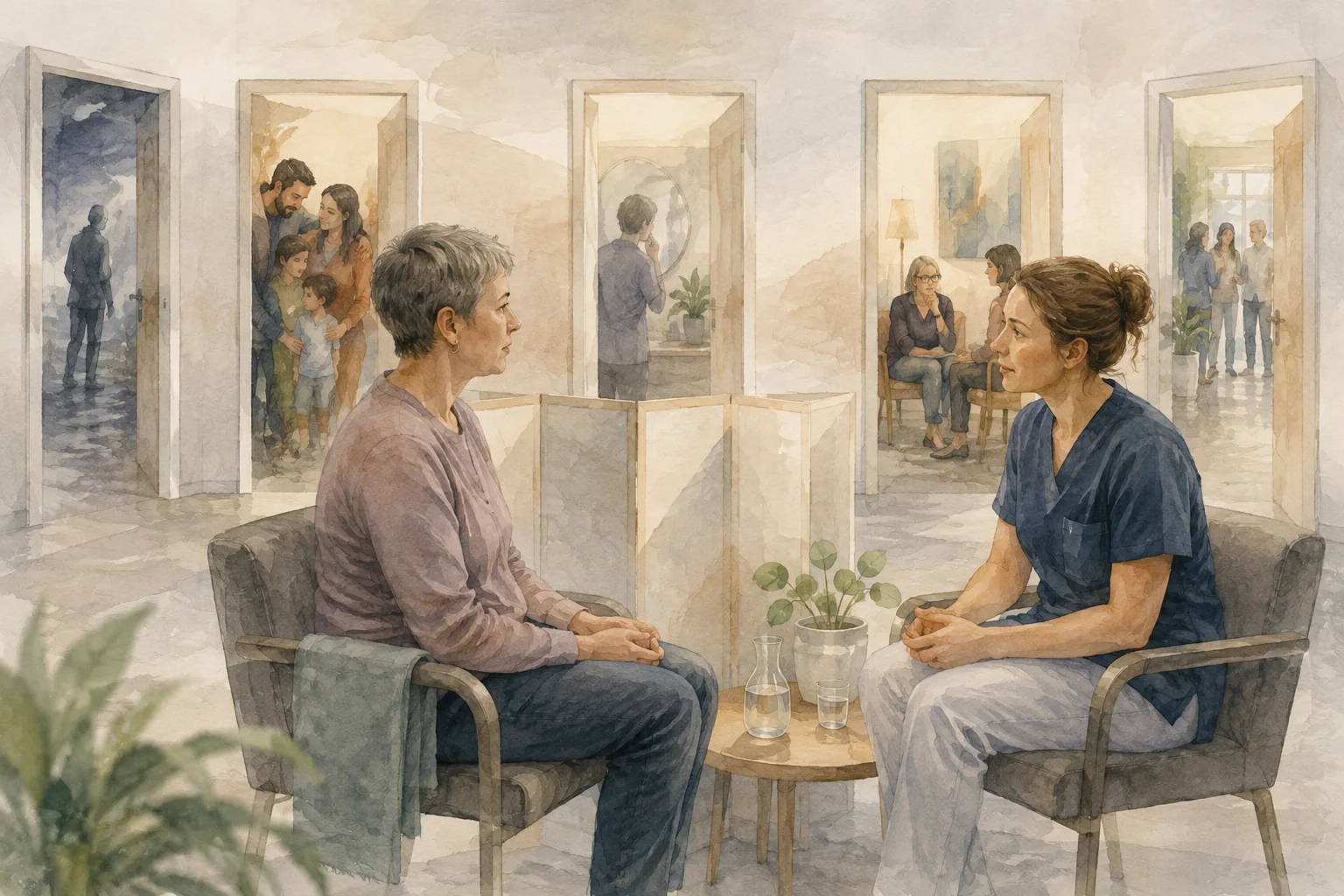 KI-generierte Illustration: Eine fiktive Patientin und Pflegefachperson sprechen auf Augenhöhe, während offene Türen unterschiedliche familiäre, soziale und fachliche Unterstützungswege andeuten