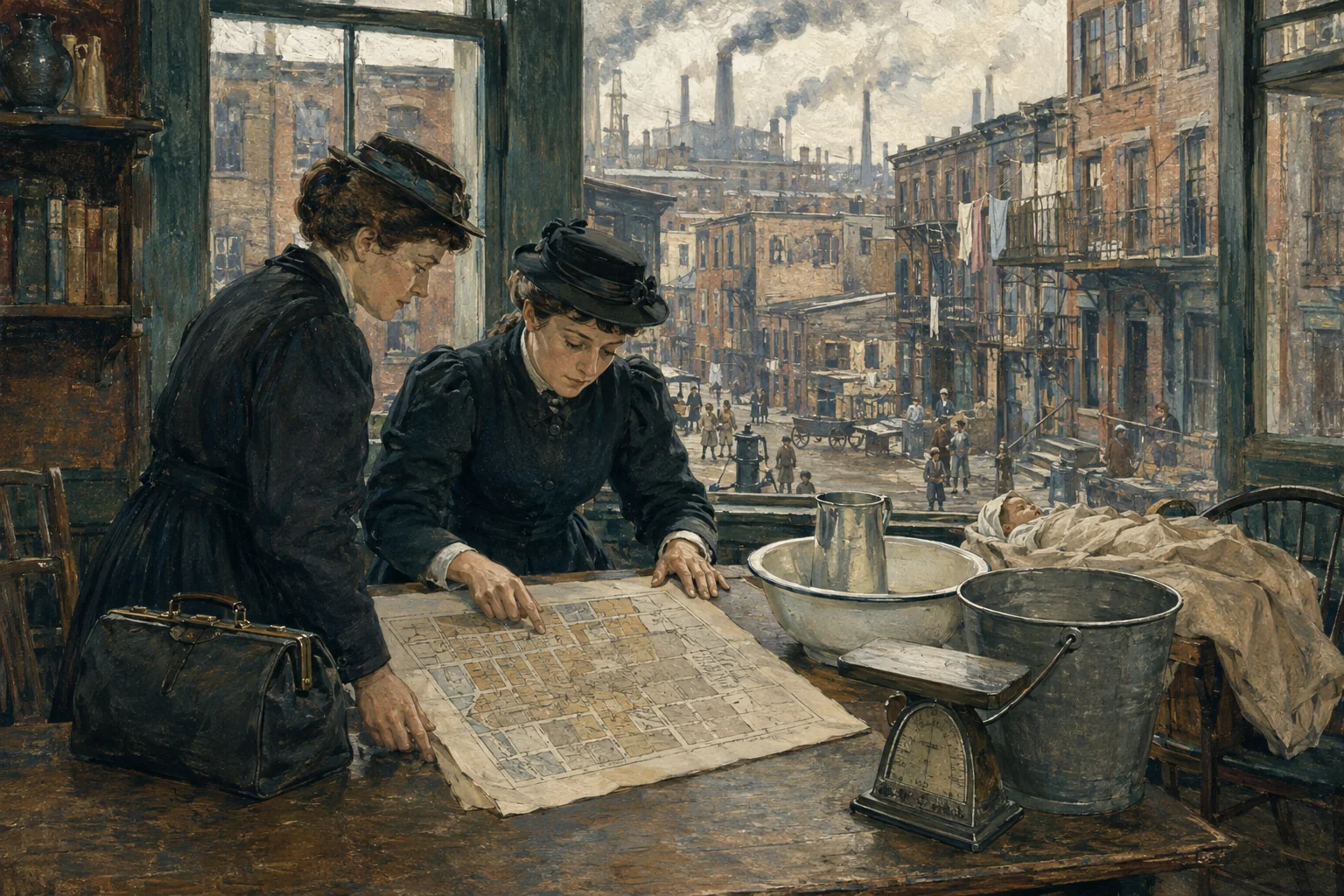 KI-generierte Illustration: Zwei fiktive Gemeindepflegende der 1890er Jahre verbinden an einem Arbeitstisch einen Stadtplan mit Wasser, Wohnung und Hausbesuch