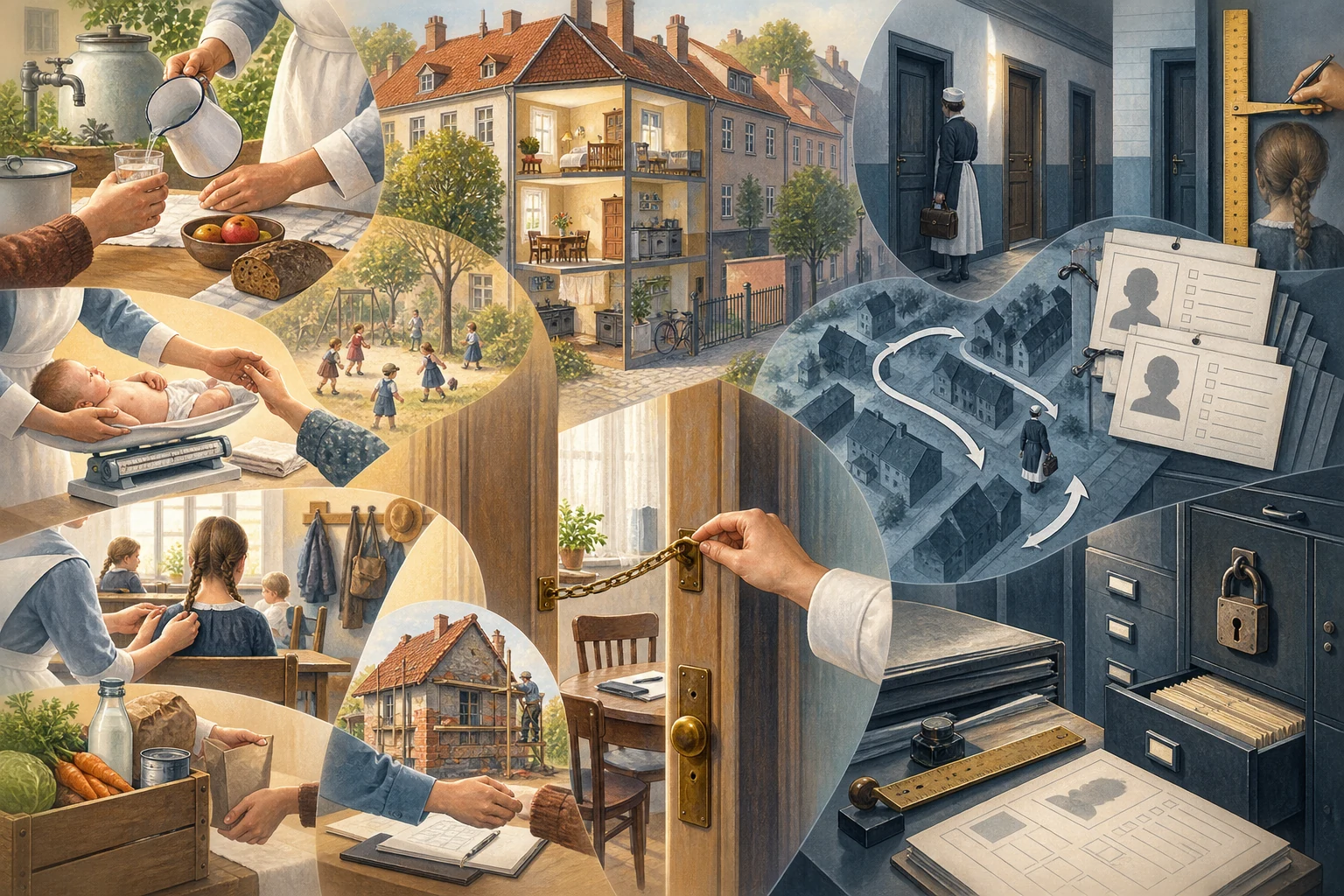 KI-generierte Illustration: Eine warme Beratungsszene steht einer kühlen institutionellen Akten- und Kontrollszene gegenüber