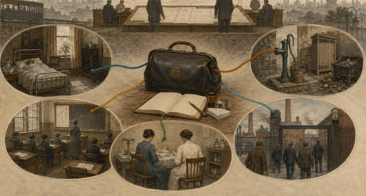 KI-generierte Illustration: Eine Pflegetasche und ein leeres Notizbuch verbinden Wohnung, Wasserstelle, Schule, Säuglingsfürsorge und Fabrik