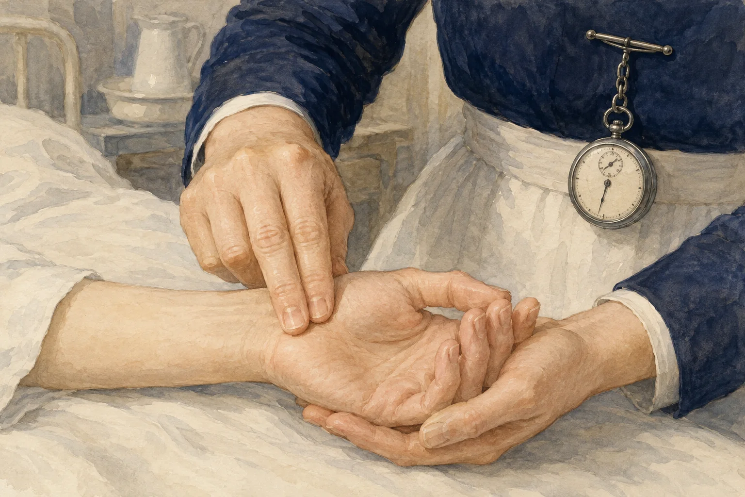 KI-generierte Illustration: Zwei Finger tasten den Puls am Handgelenk, daneben hängt eine schlichte Uhr