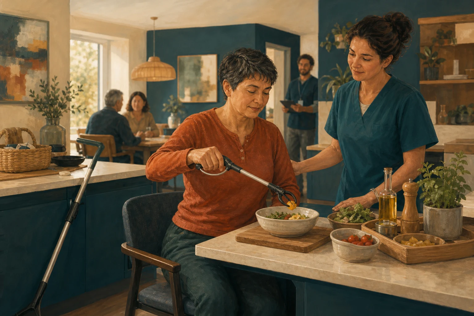 KI-generierte Illustration: Eine fiktive Person mit einseitiger körperlicher Einschränkung bereitet in einer angepassten Küche selbst eine Mahlzeit zu, begleitet von einer fiktiven Rehabilitationspflegefachperson