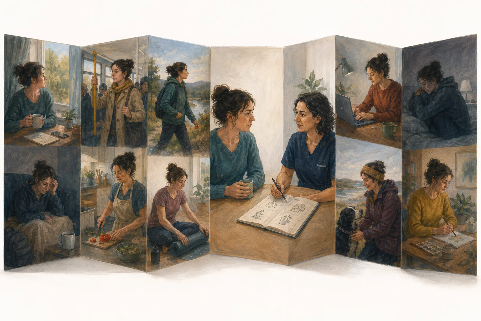 KI-generierte Illustration: Eine fiktive Person erlebt in einer gefalteten Woche wechselnde Tage mit Arbeit, Bewegung, Schmerz, Ruhe und Fatigue und bespricht ein eigenes Ziel mit einer Pflegefachperson