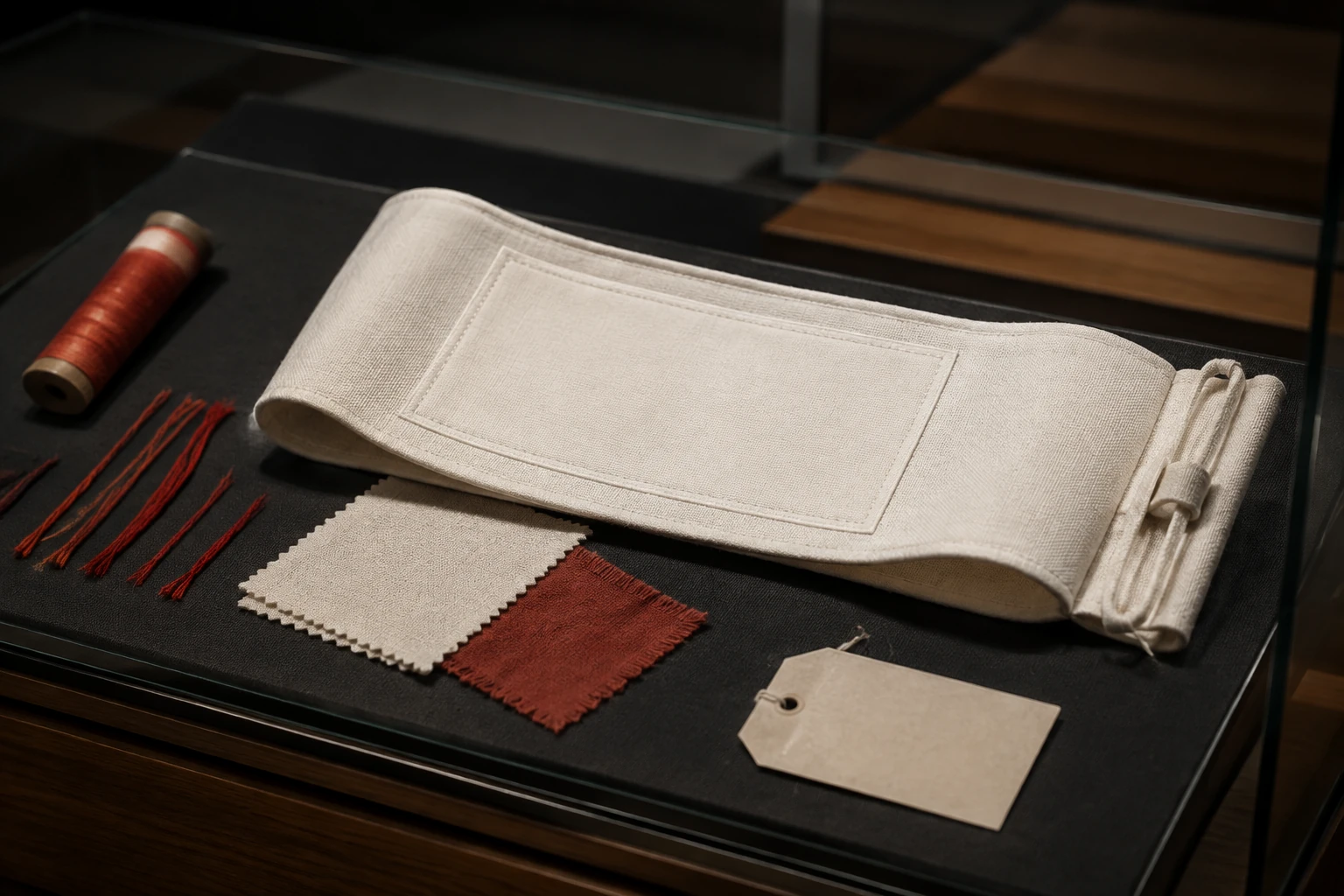 KI-generierte Illustration: Eine weiße Stoffarmbinde liegt in einer Museumsvitrine, ihre mittlere Einlassung bleibt leer und rote Fadenstücke liegen getrennt daneben