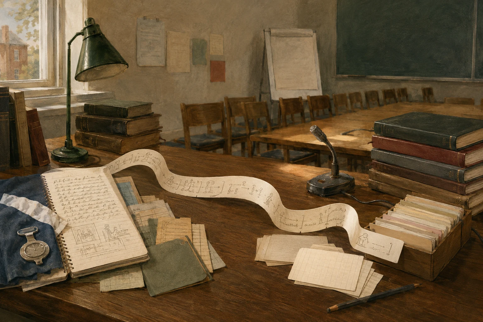 KI-generierte Illustration: Ein leerer wissenschaftlicher Arbeitstisch verbindet Pflegebeobachtungen mit einem Seminarraum der späten 1980er Jahre