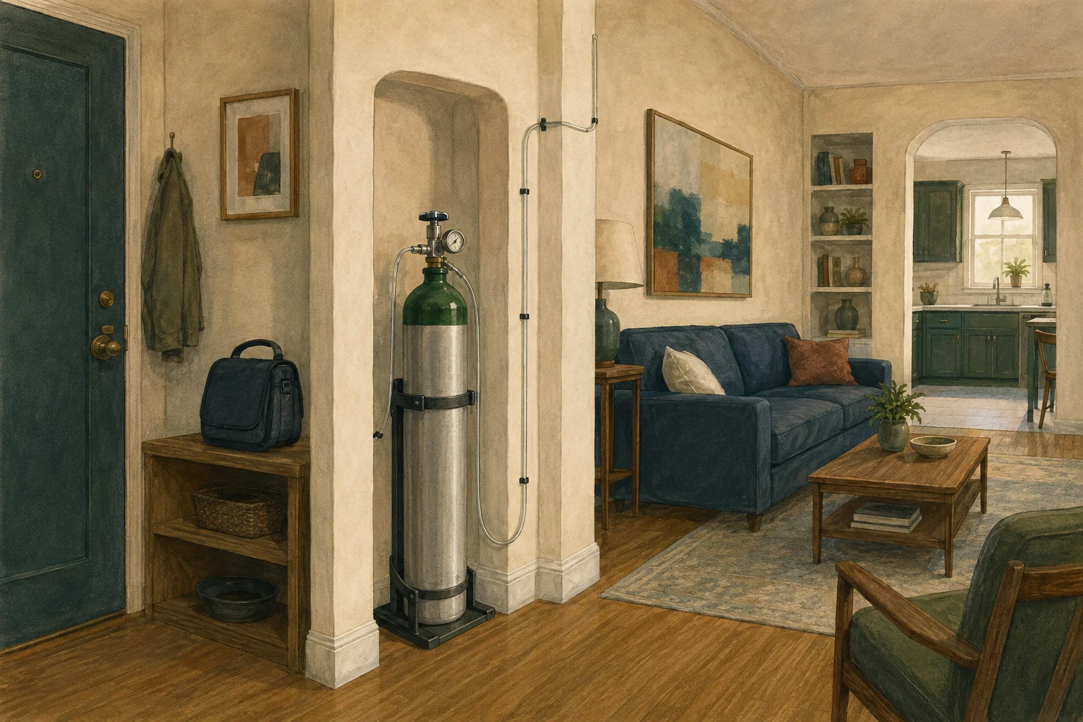 KI-generierte Illustration: In einer fiktiven Wohnung sind ein sicher befestigter Sauerstoffbehälter, freie Wege, eine ausgeschaltete Kochstelle und eine gepackte mobile Versorgung als Alltagssystem angeordnet