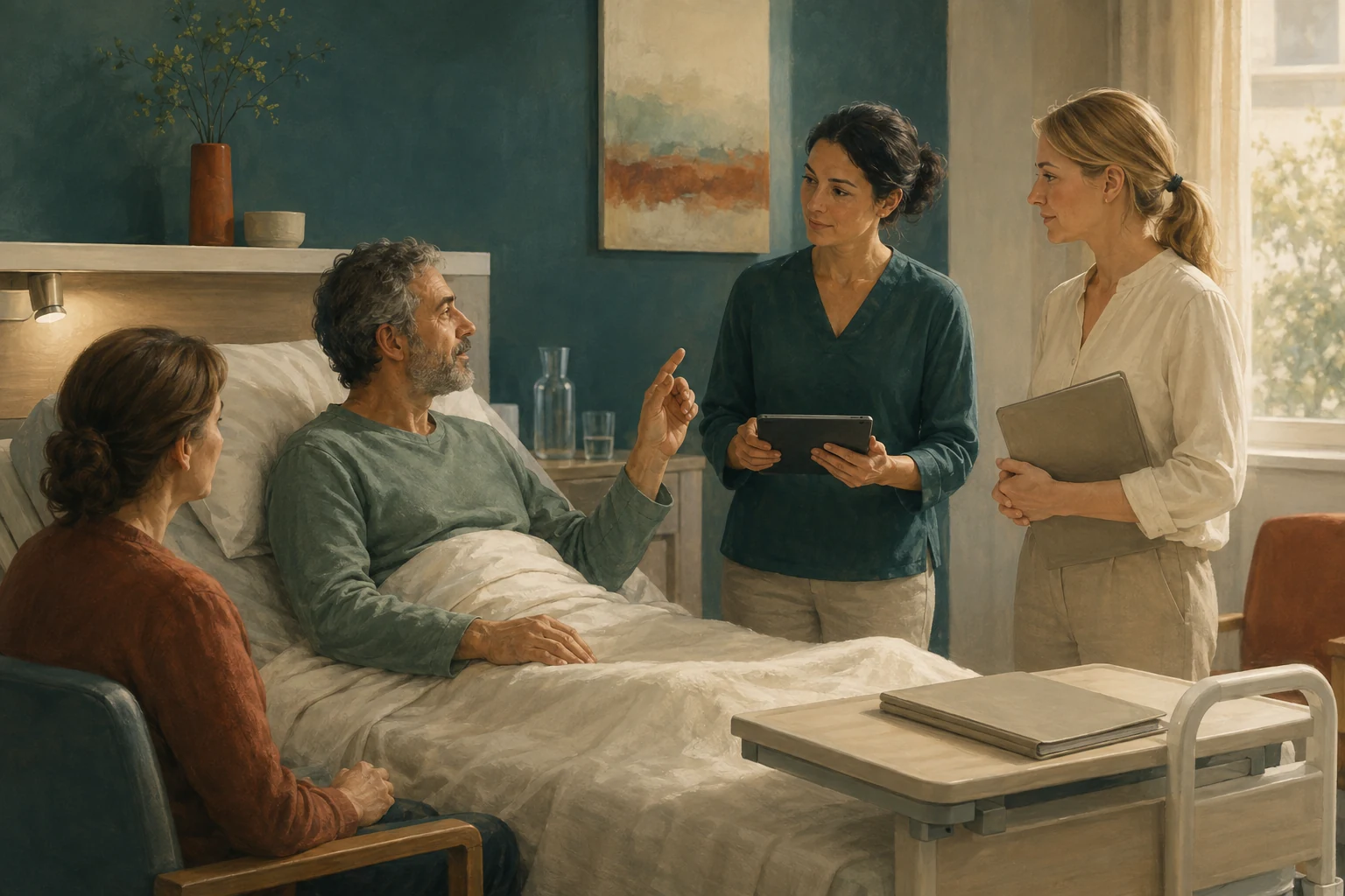 KI-generierte Illustration: Ein fiktiver Patient ergänzt im Gespräch die Übergabe zwischen zwei Pflegefachpersonen, während eine Begleitperson zuhört
