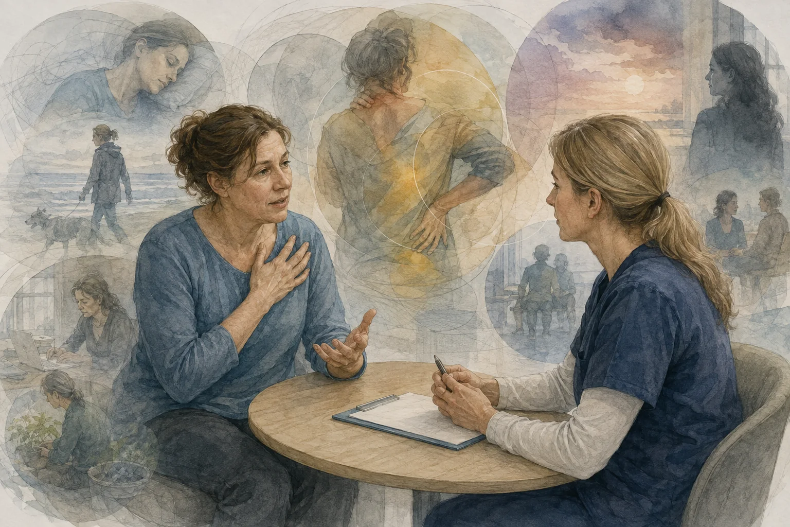KI-generierte Illustration: Eine fiktive Person beschreibt einer Pflegefachperson Schmerz, während abstrakte Alltagsszenen Ort, Zeit, Schlaf, Stimmung und Funktion andeuten