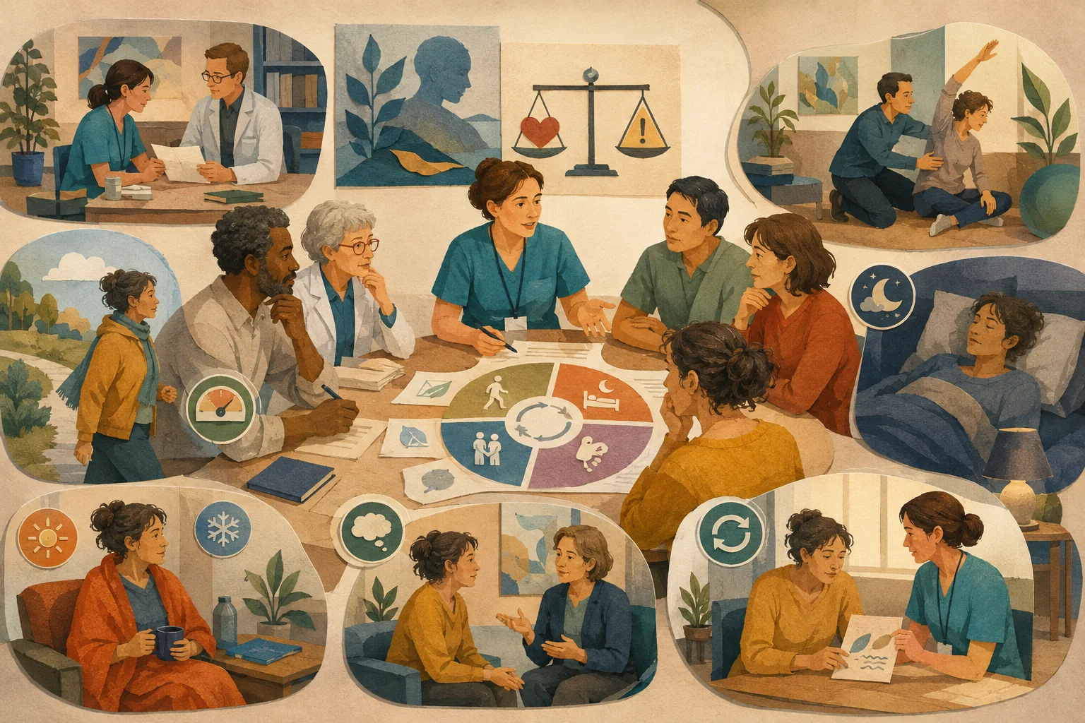 KI-generierte Illustration: Ein fiktives Team und eine betroffene Person besprechen mehrere gleichwertig dargestellte Möglichkeiten aus Beobachtung, Bewegung, Alltagstaktung, Schlaf, Komfort und Unterstützung