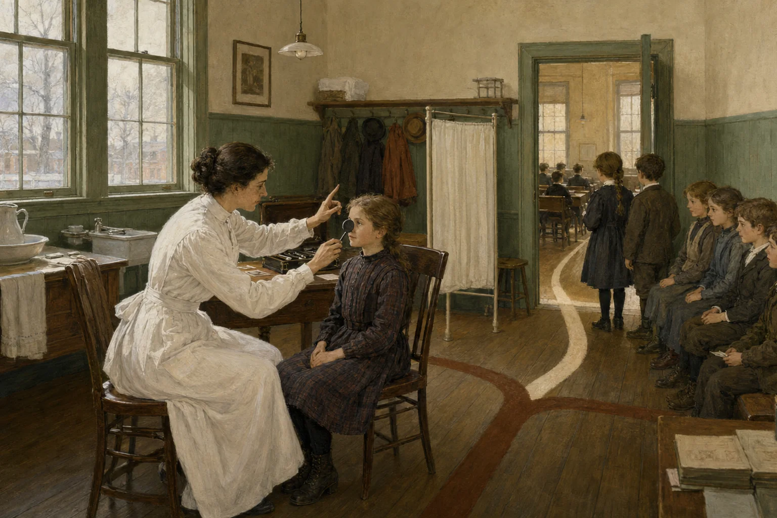 KI-generierte Illustration: Eine fiktive Schulpflegende untersucht um 1910 das Sehvermögen eines Kindes zwischen Wartebank und Klassenzimmertür