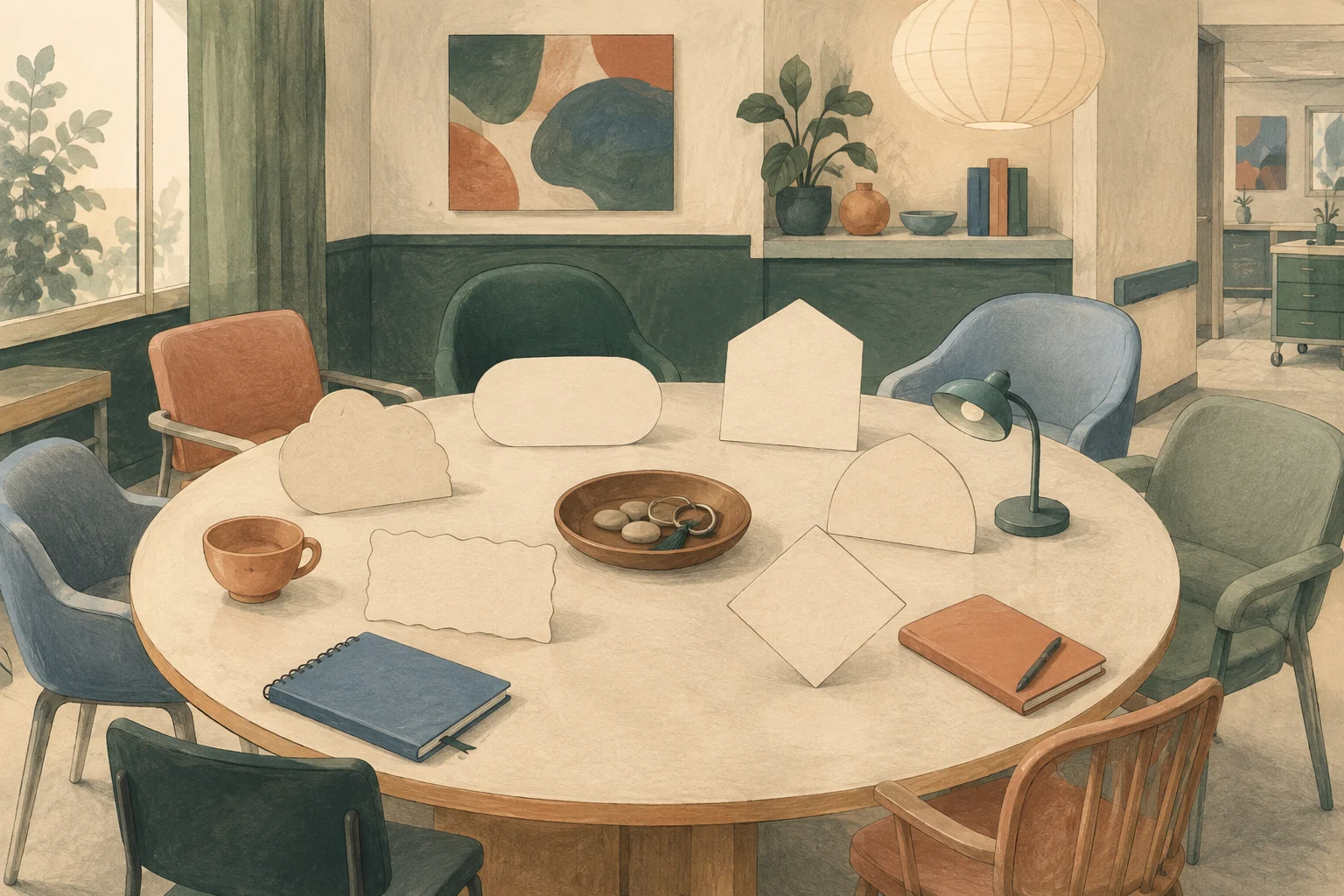 KI-generierte Illustration: Mehrere leere Stühle um einen Übergabetisch sind jeweils mit unterschiedlich geformten unbeschrifteten Rollenkarten verbunden